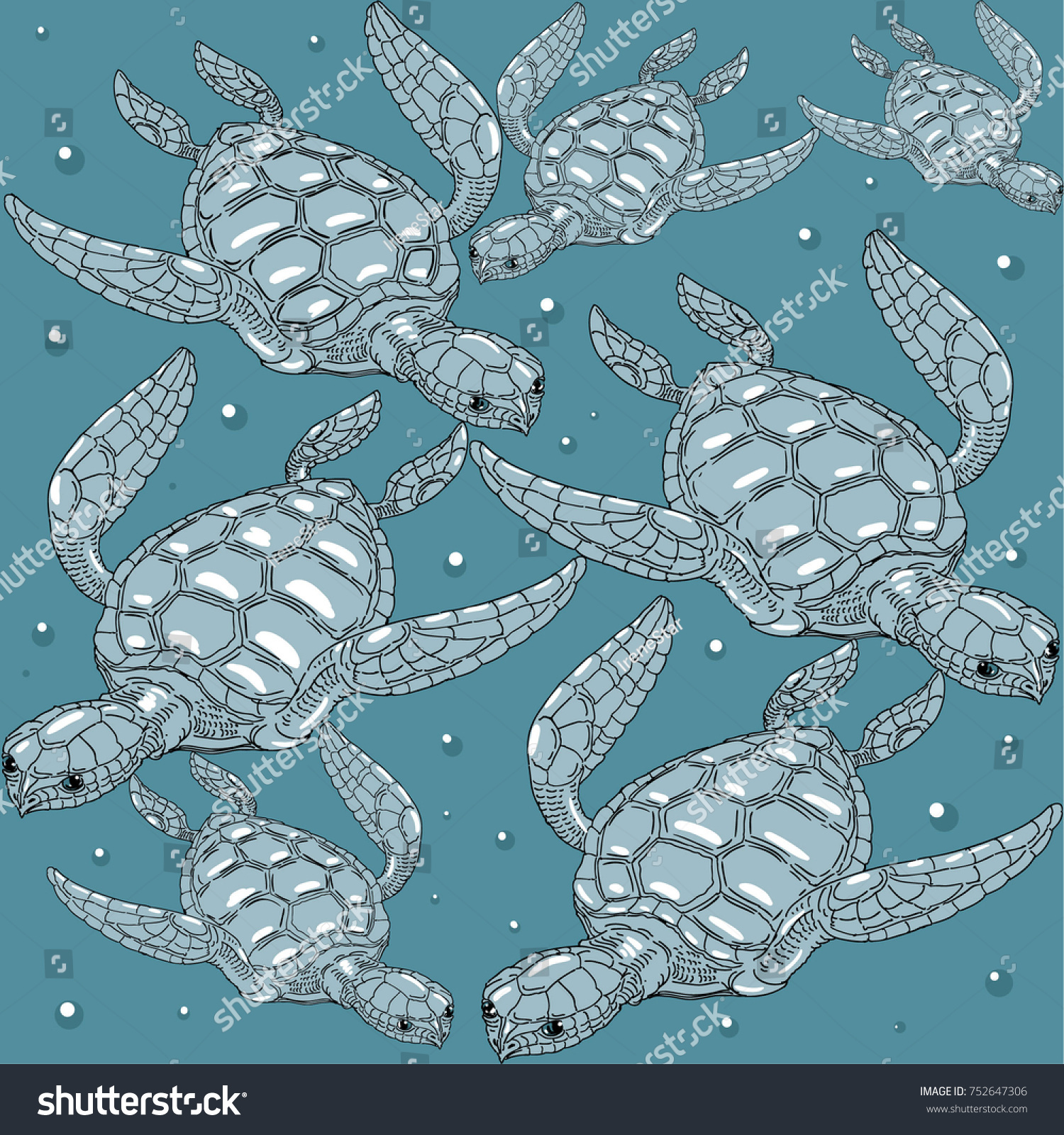 Pattern Blue Tones Stylized Sea Turtles Stock Vector (Royalty Free ...