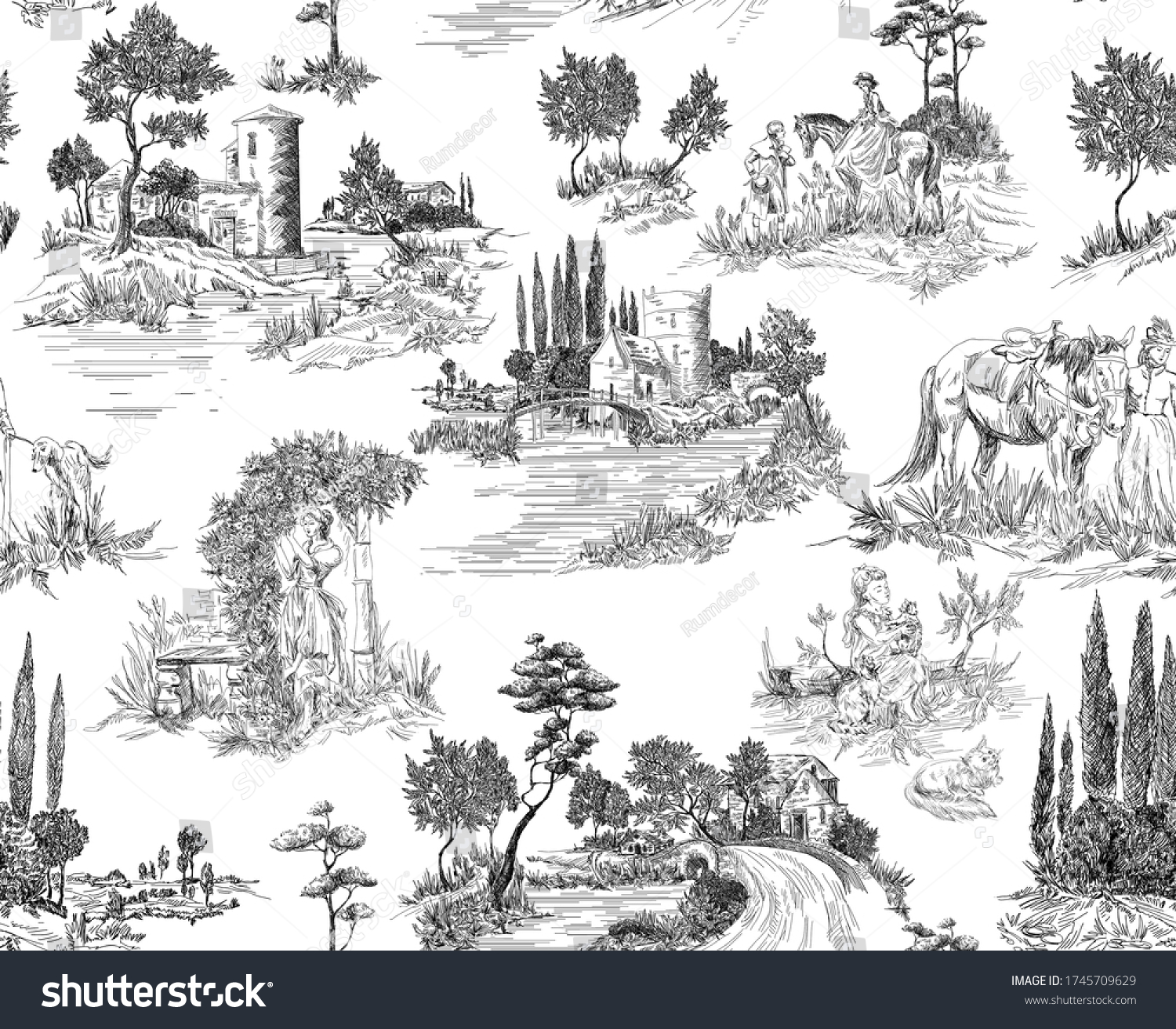 SVG of Pattern in toile de jouy stile with landscape with castles, river and houses and trees, walking people, woman with flowers, horse, black and white svg
