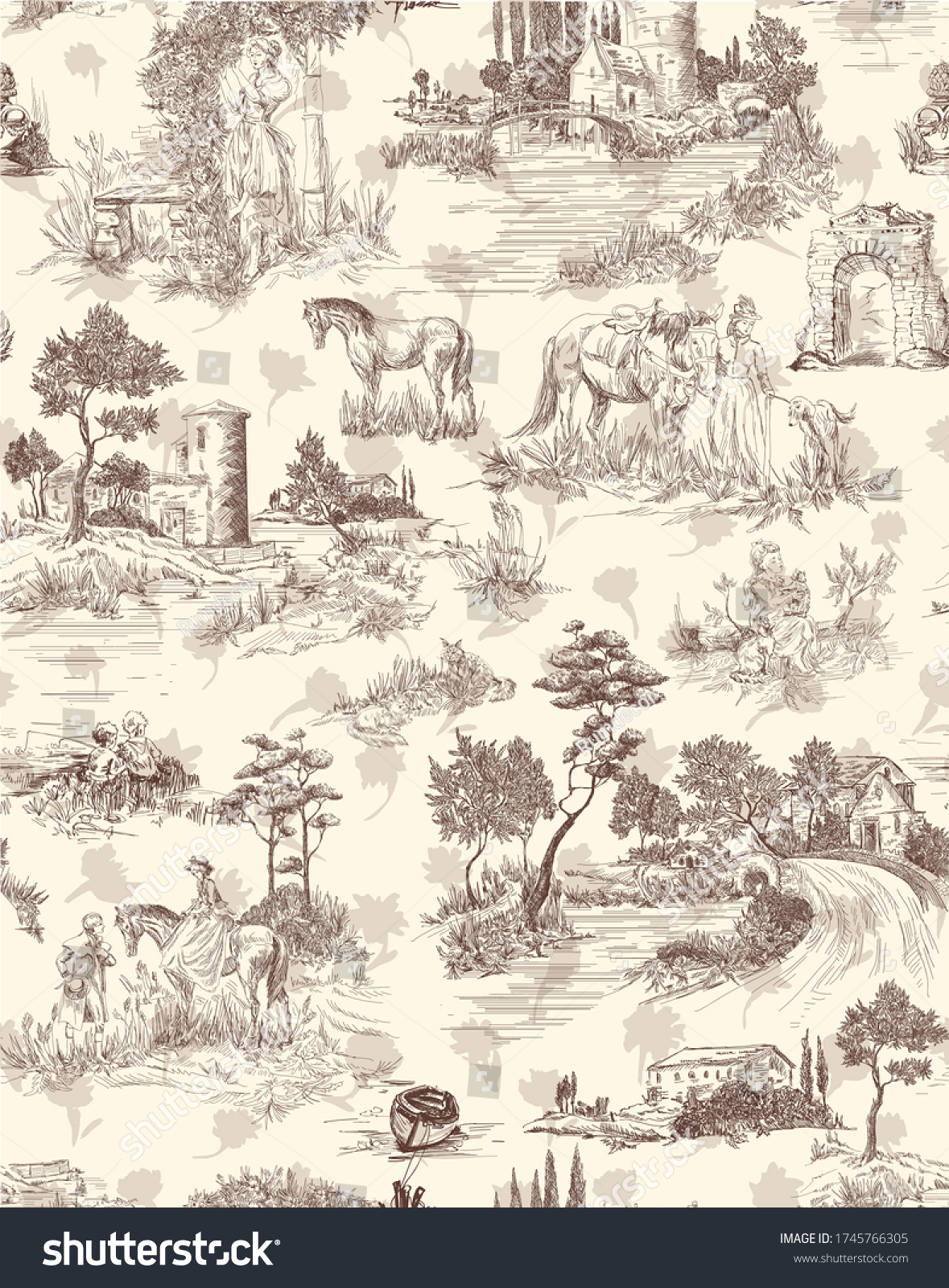 SVG of Pattern in toile de jouy stile with landscape with castles, river and houses and trees, walking people, woman with flowers, horse im beige and brown color svg