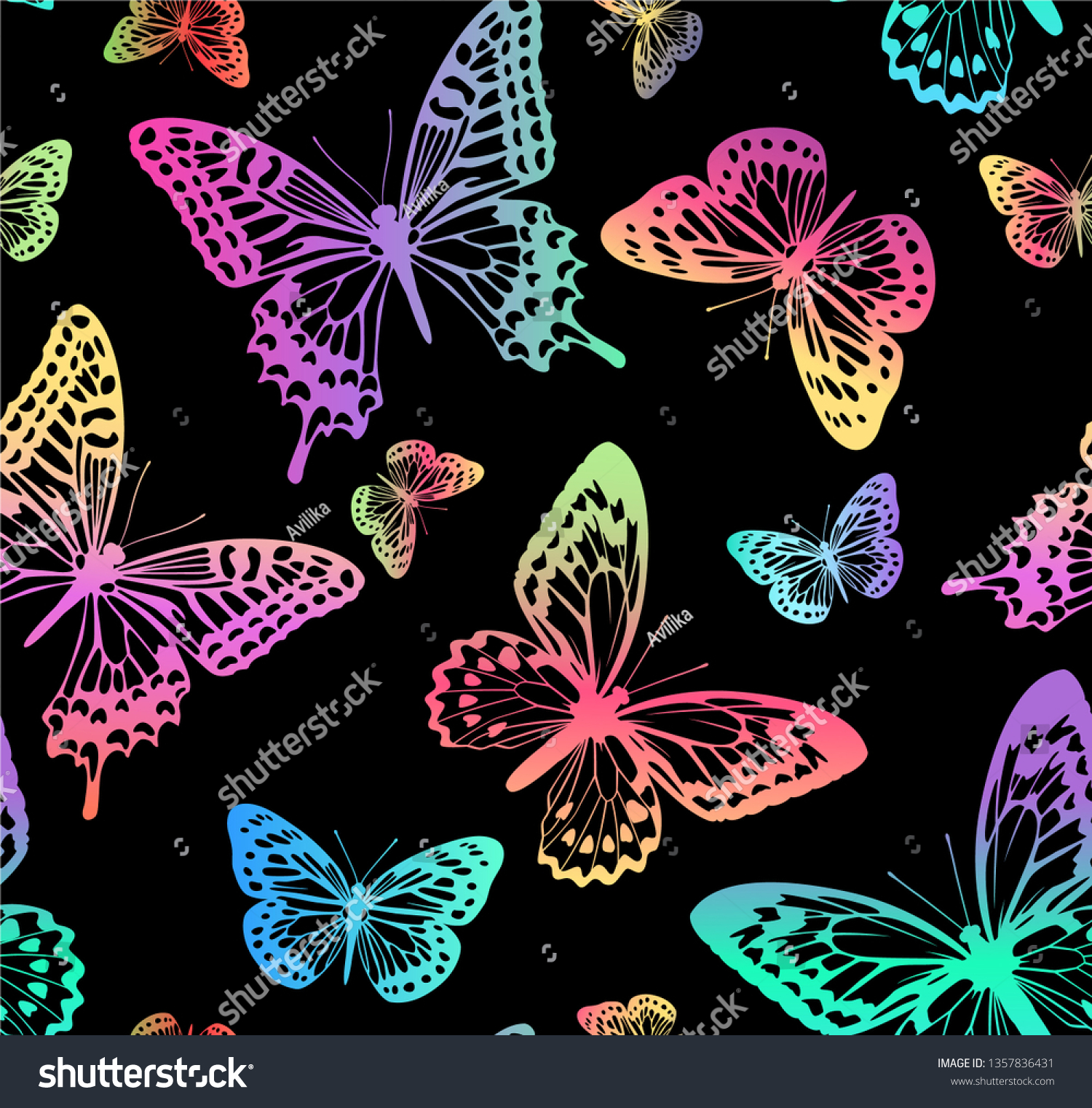 黒い背景に虹の蝶のパターン カーテン 壁紙 布 包装紙に適している のベクター画像素材 ロイヤリティフリー