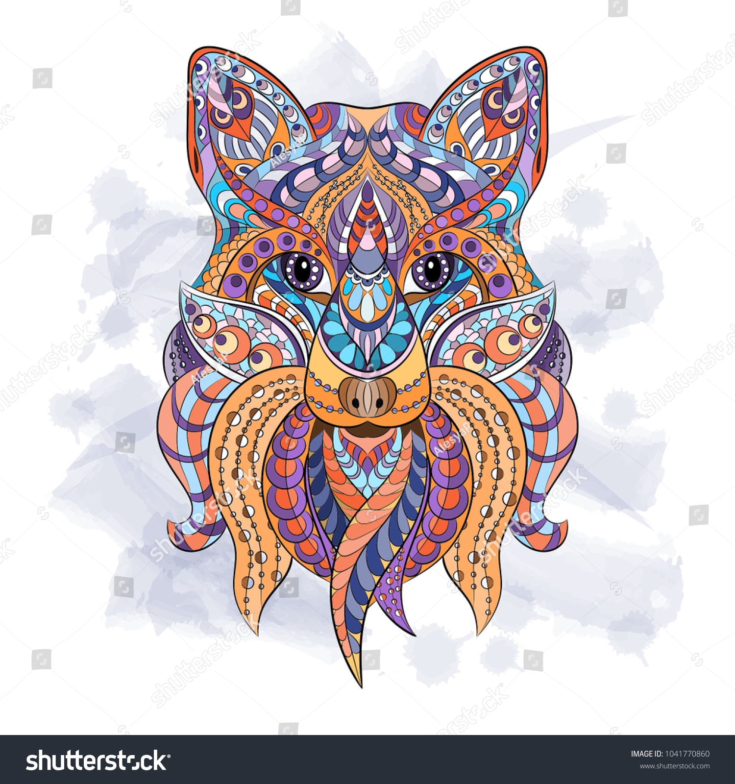 Patterned Head Fox On Watercolor Background Stock Vector Royalty