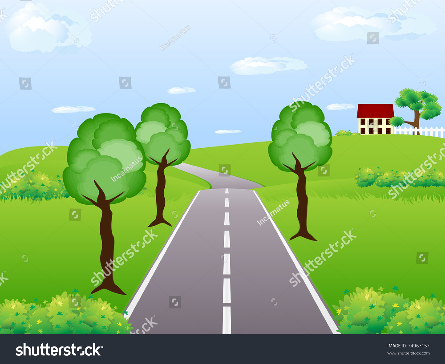 Paved Road Among Green Trees Standing Stock Vector (Royalty Free) 74967157