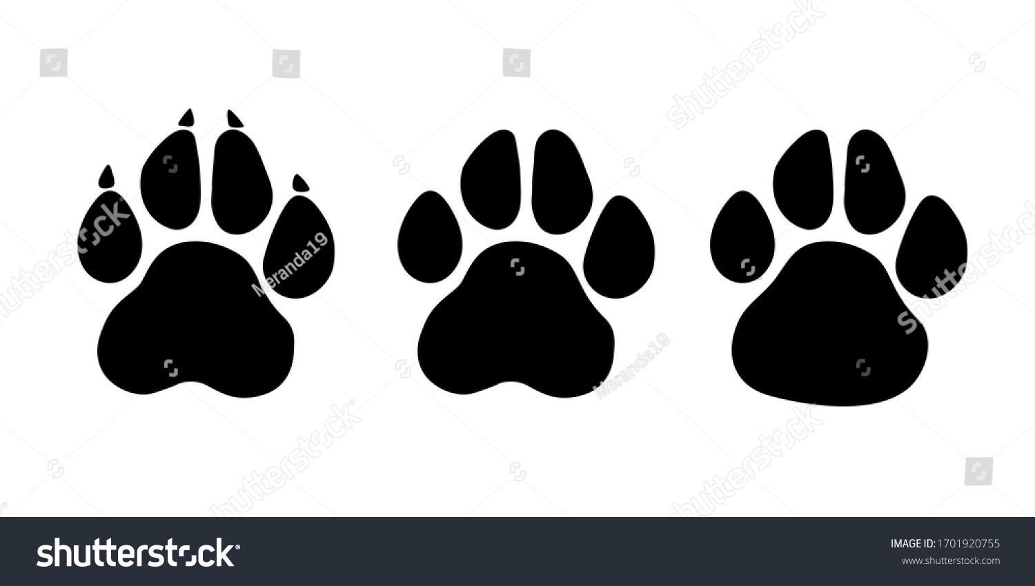 SVG of Paw print set. Paw foot trail print of animal. Dog, cat, bear, puppy silhouette. Collection of paw prints. Different animal paw - stock vector. svg