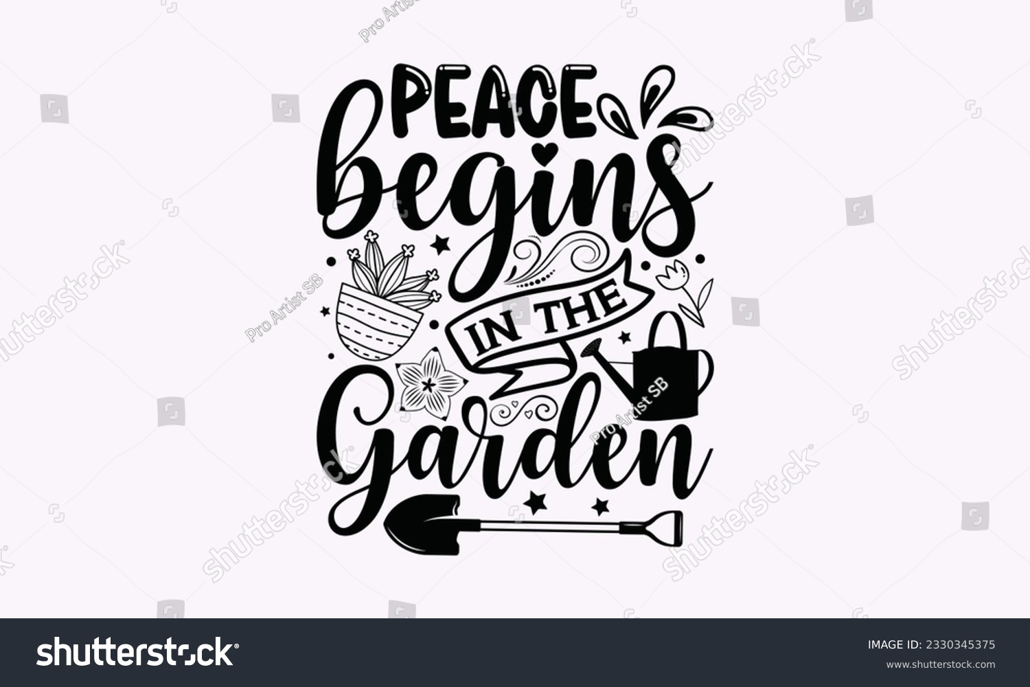 SVG of Peace begins in the garden - Gardening SVG Design, Flower Quotes, Calligraphy graphic design, Typography poster with old style camera and quote. svg