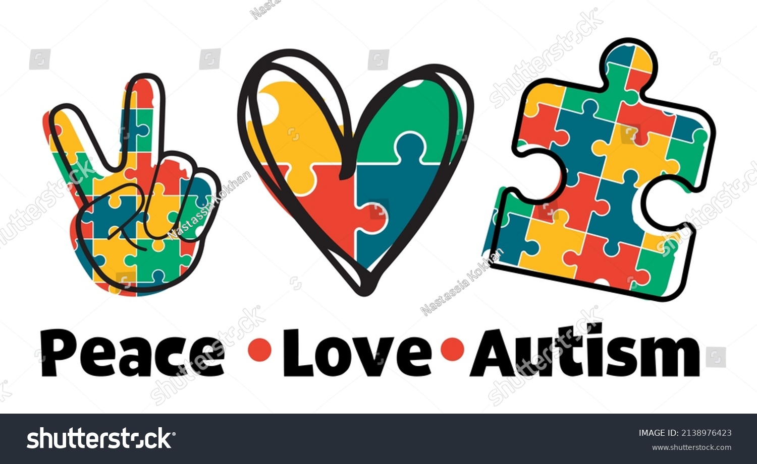 SVG of Peace Love Autism svg vector Illustration isolated on white background. Autism shirt design with Puzzle Piece svg