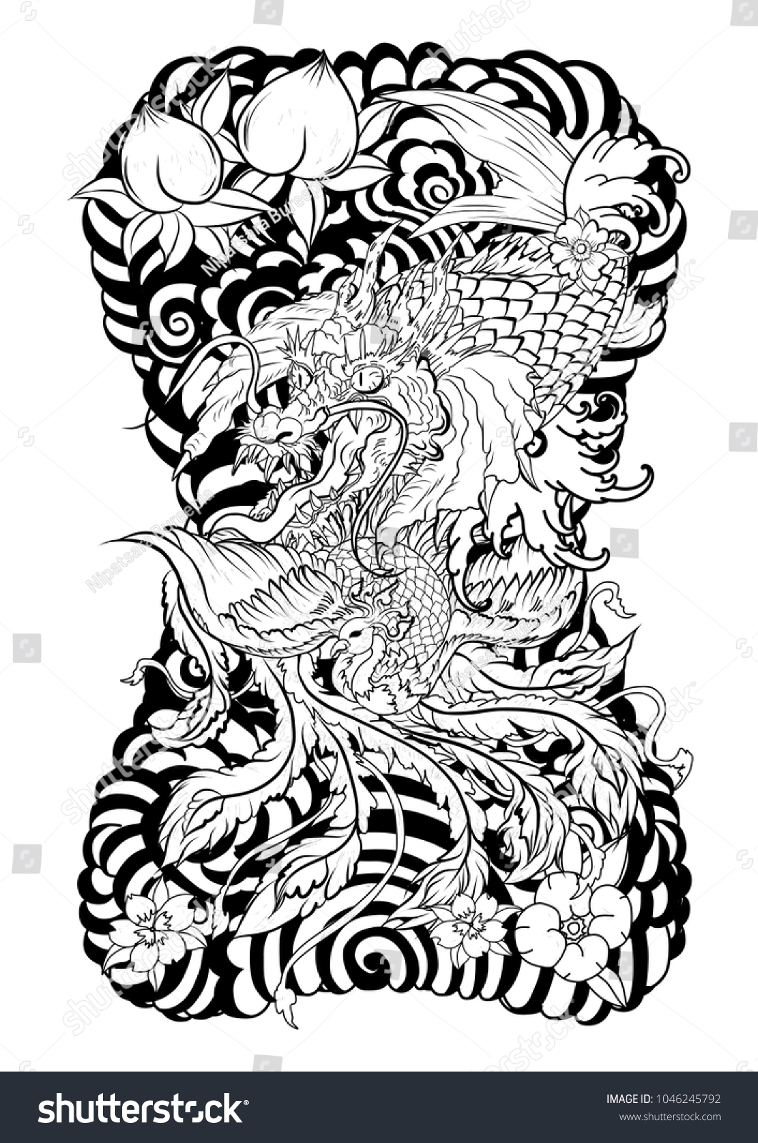 Peacock Koi Dragon Design Tattoojapanese Dragon Stock Vector Royalty Free 1046245792