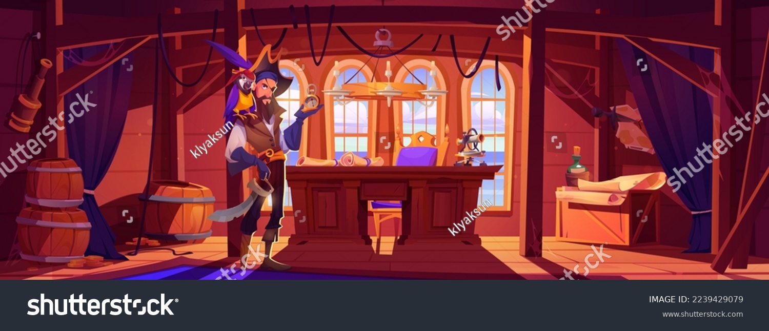 SVG of Peg-legged pirate with parrot standing in ship cabin. Vector illustration of cartoon one-eyed corsair character with golden watch in hand, pet bird on shoulder, saber on waist, treasure maps on table svg