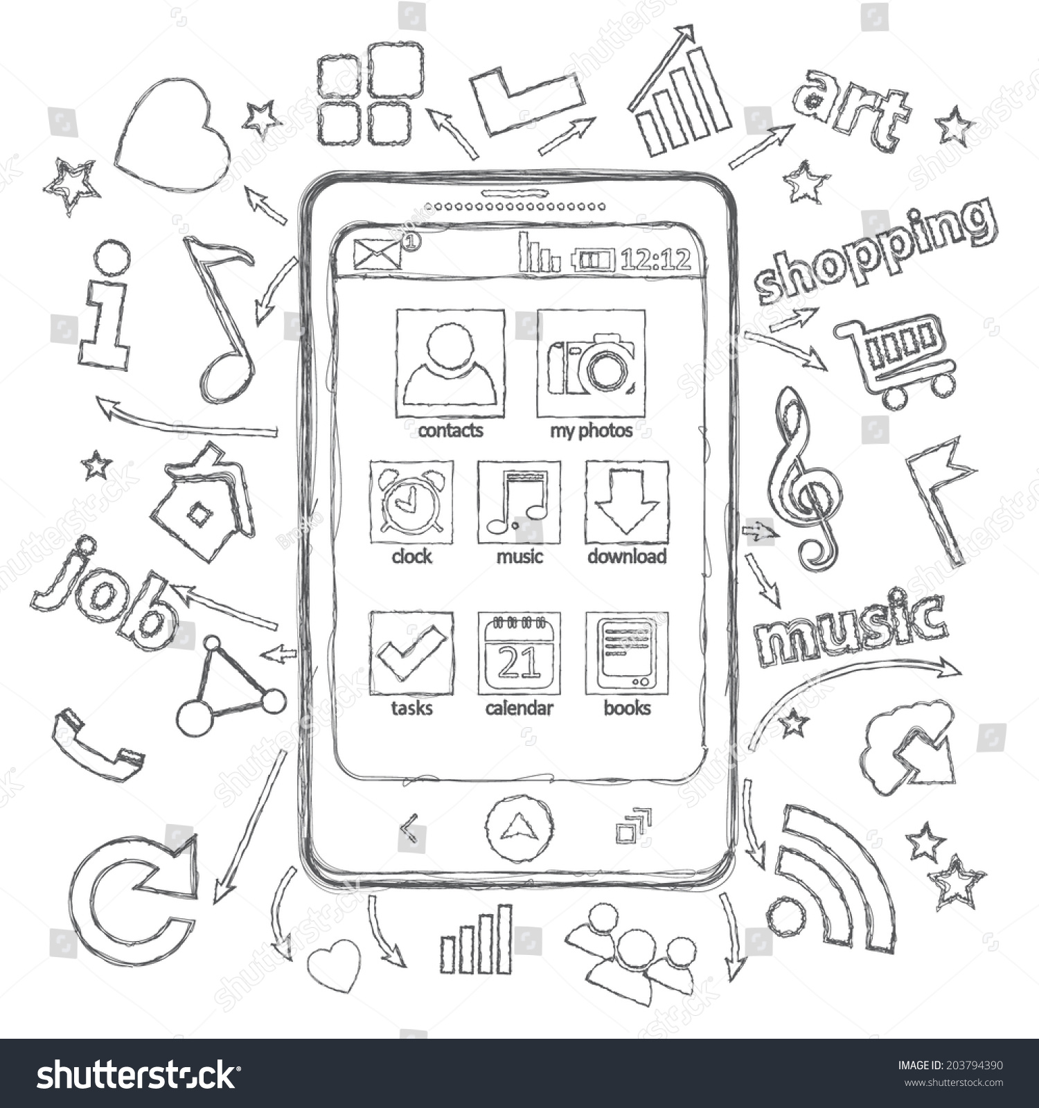 Pencil Sketch Mobile Phone Application Set Stock Vector