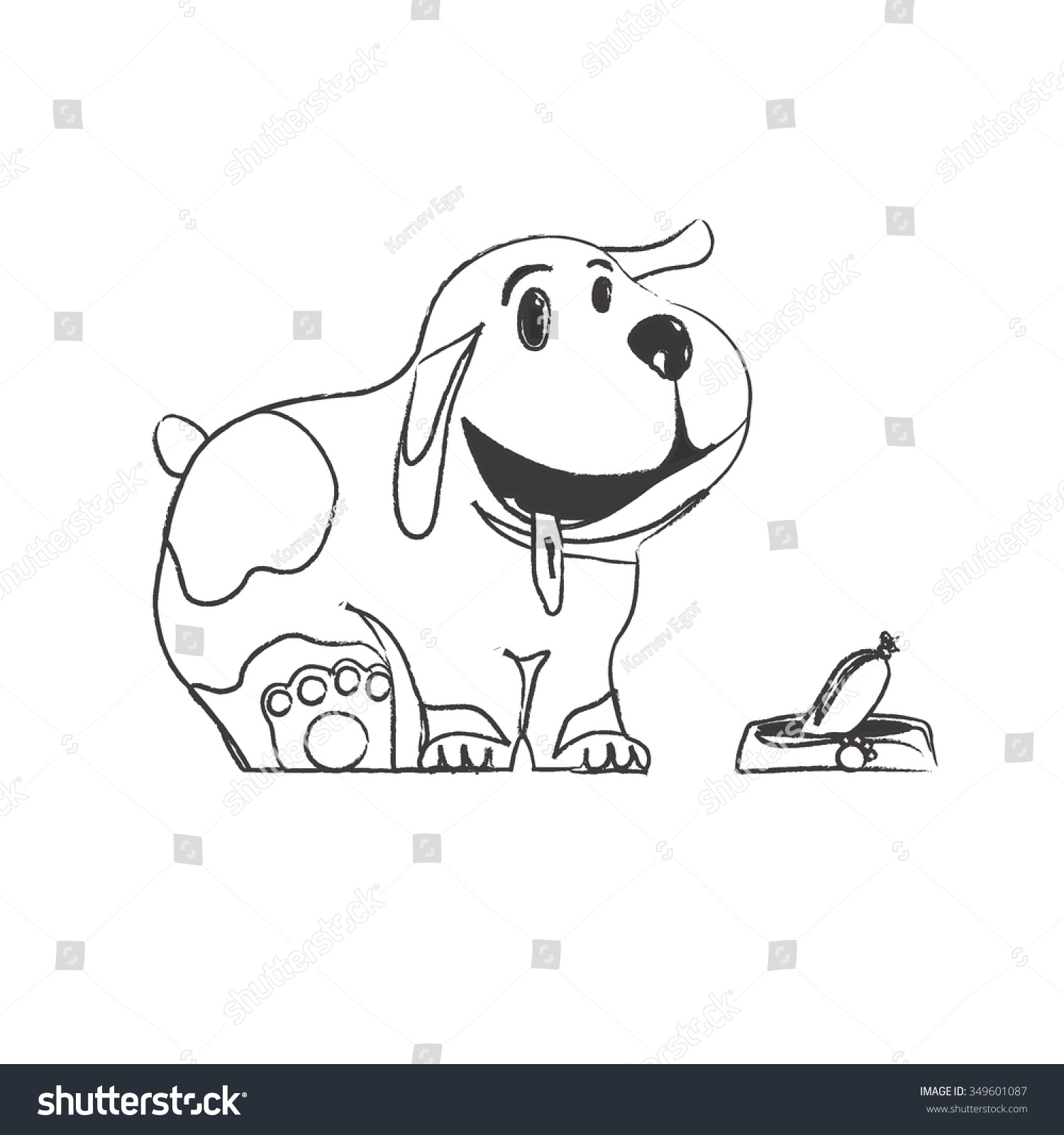 Pencil sketch of a seated puppy with a happy face next to the bowl with sausage