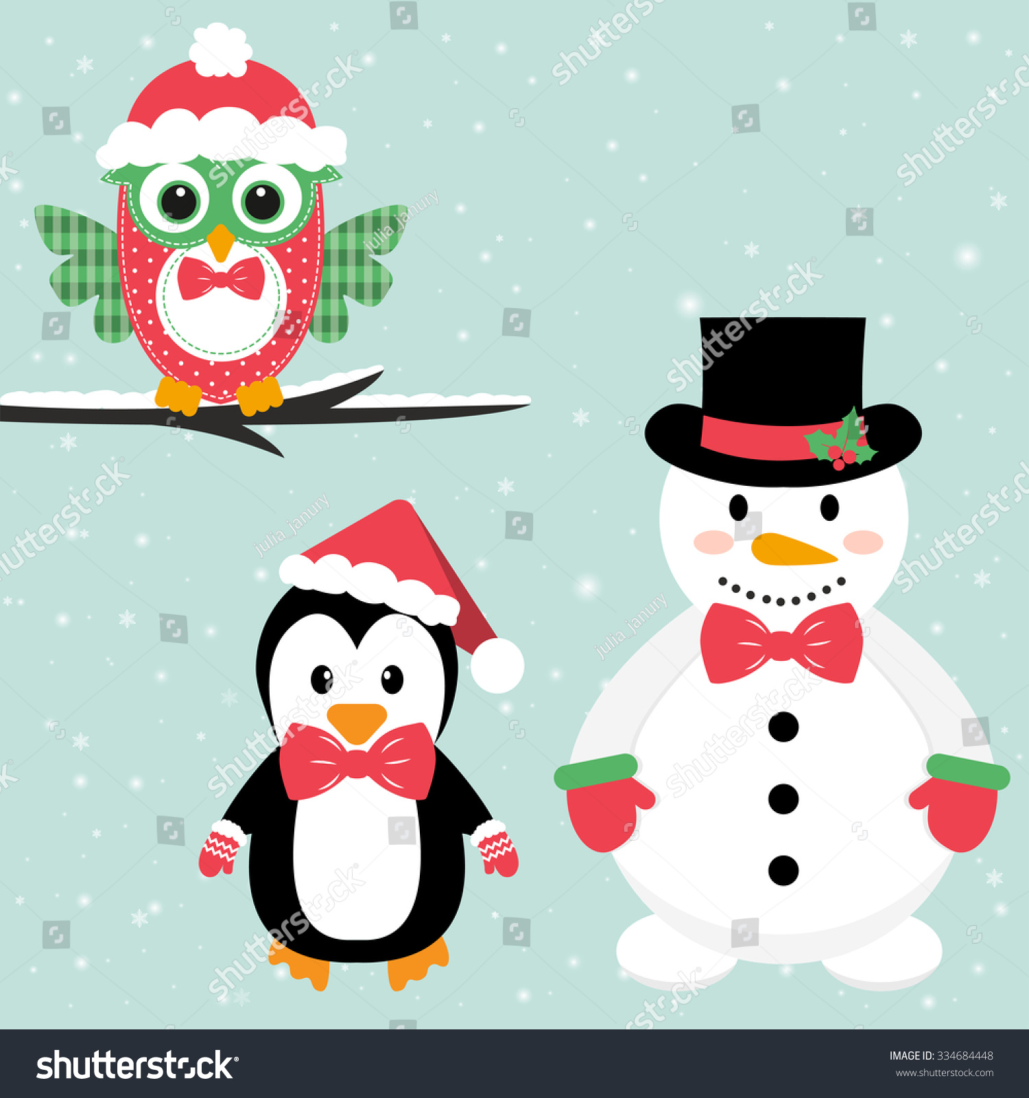 Penguin And Owl And Snowman Stock Vector Illustration 334684448 ...