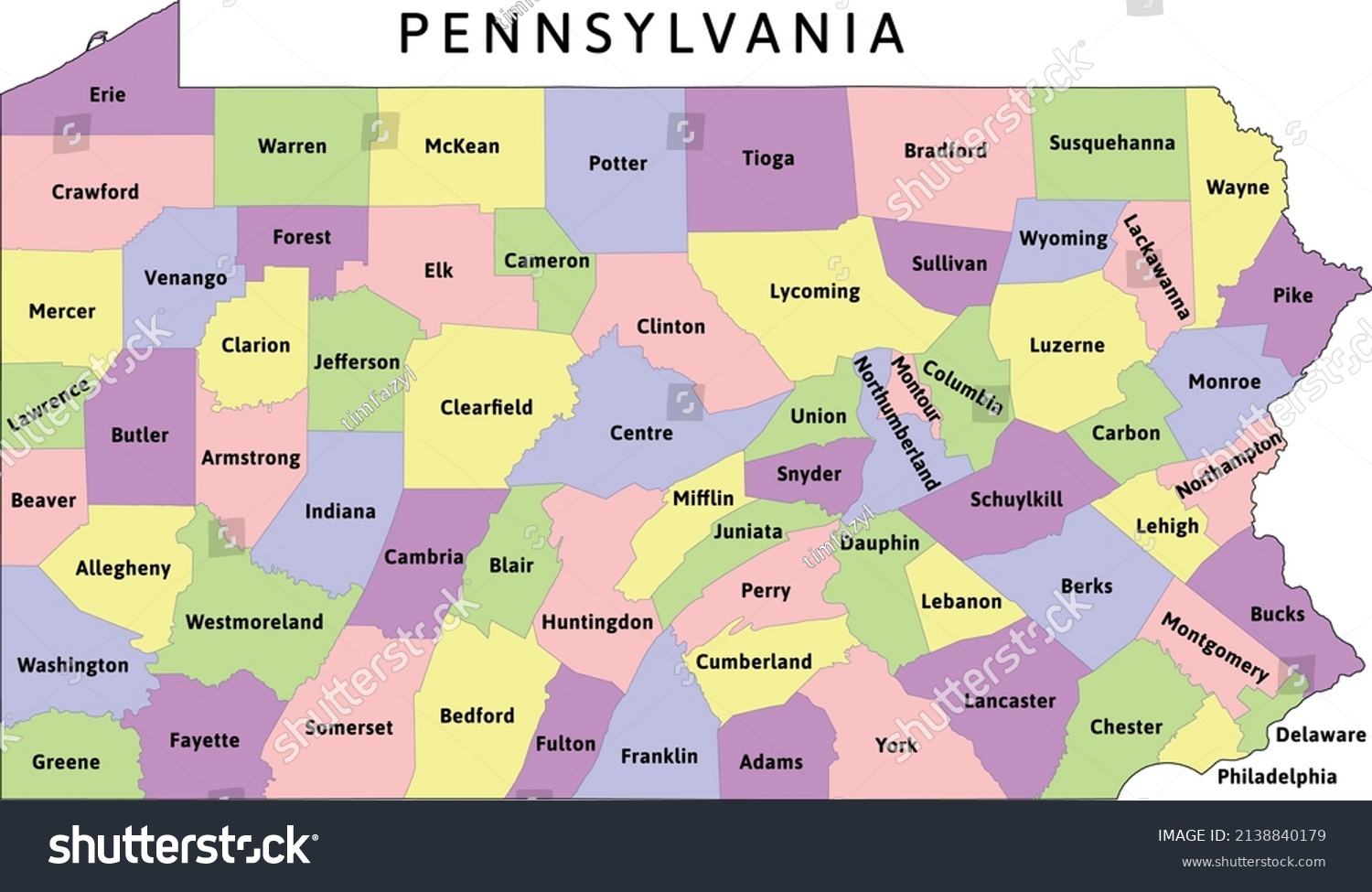 Pennsylvana State Administrative Map Counties Clored Stock Vector ...