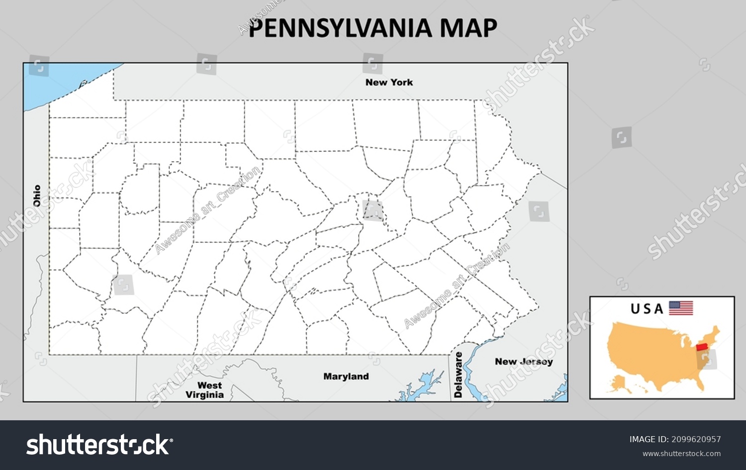 Pennsylvania Map Political Map Pennsylvania Boundaries Stock Vector Royalty Free 2099620957 