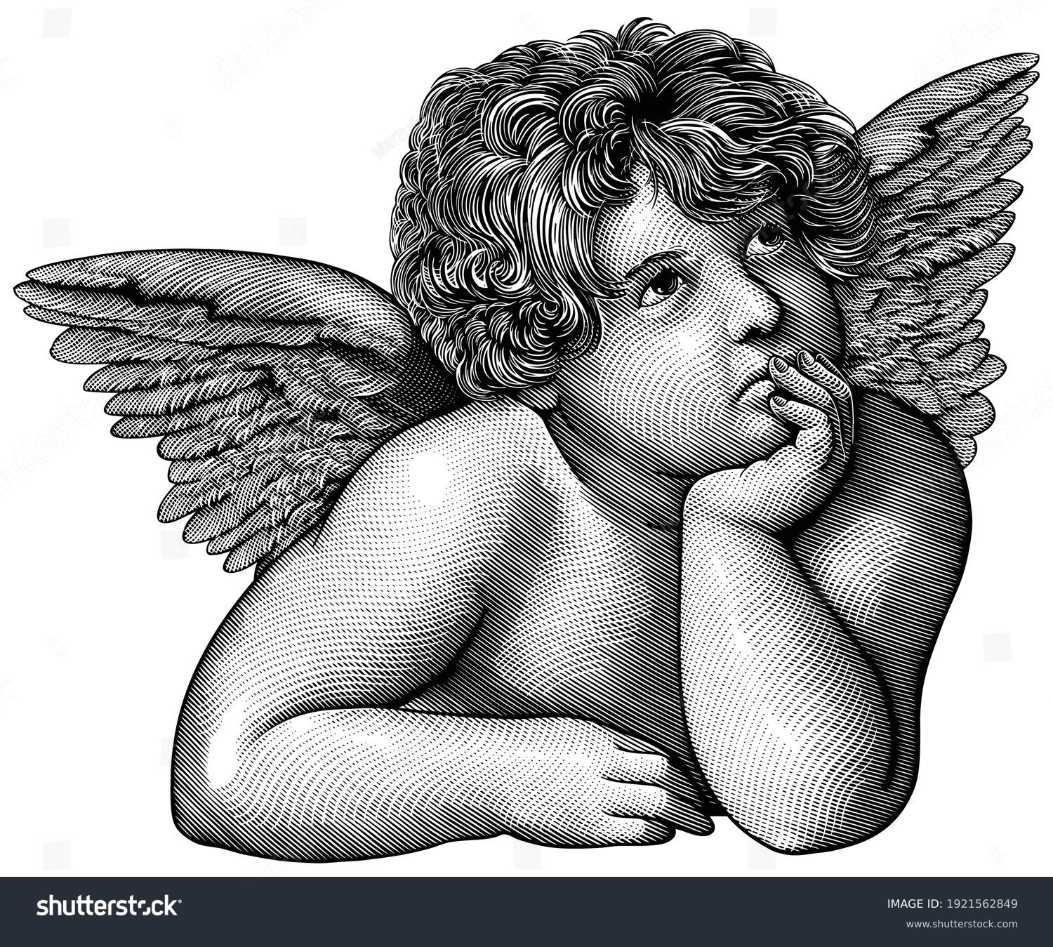SVG of Pensive angel. Art detailed editable illustration. Vector vintage engraving. Isolated on white background. 8 EPS svg