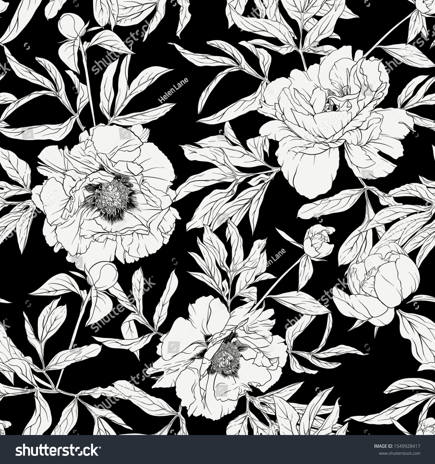 Peony Flower Seamless Pattern Background Black Stock Vector (Royalty ...