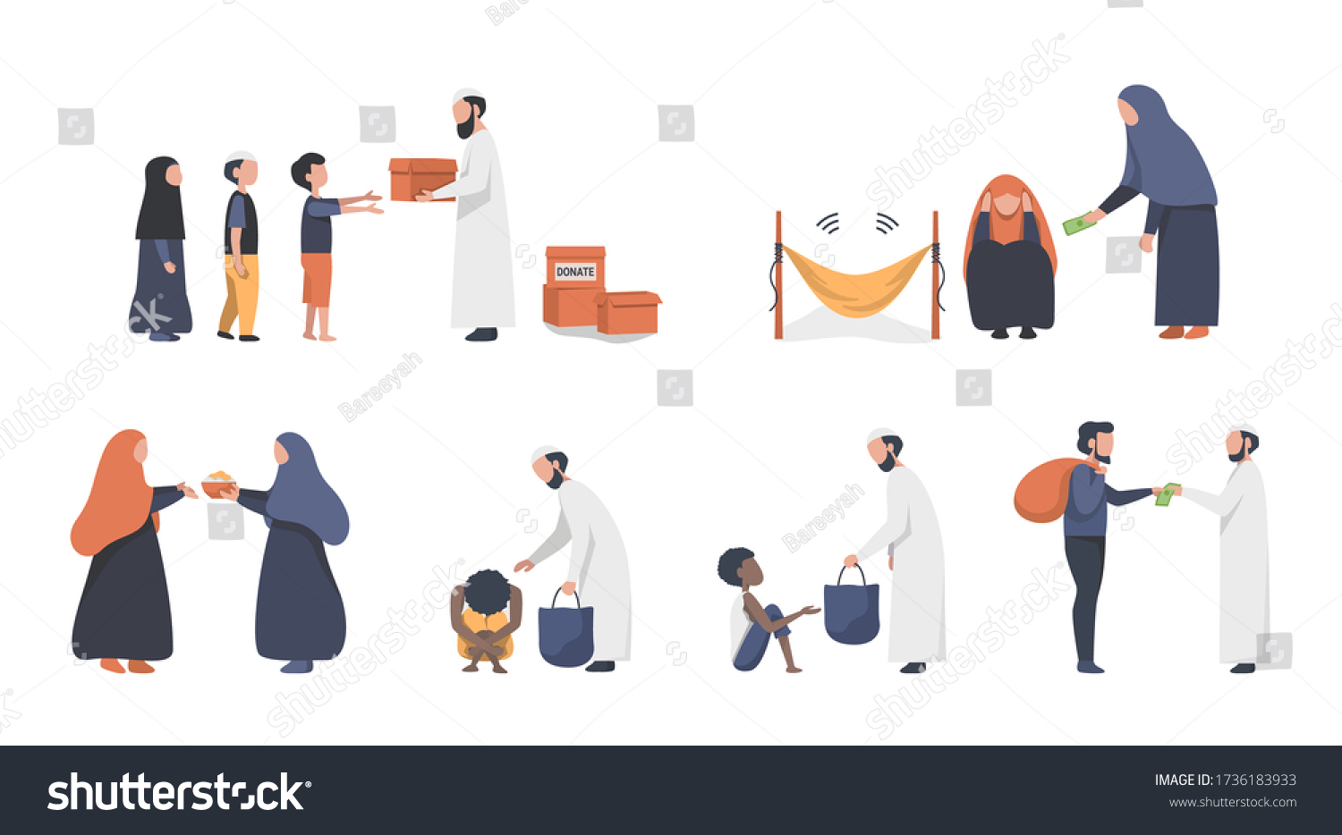 SVG of People are donating giving various types of people as prescribed by Islam. Practice during Ramadan. Illustration about Muslim donations. svg