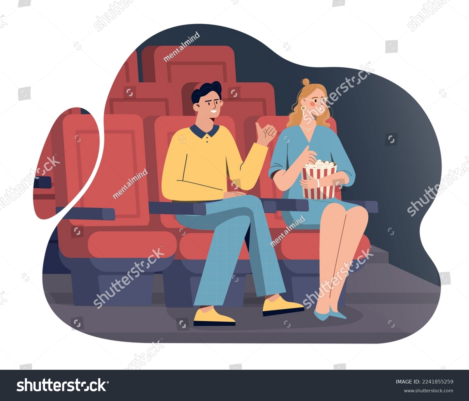 SVG of People at movie theater. Man and woman with popcorn sit on red armchair and look at screen. Poster or banner for site. Rest after work and study, young couple on date. Cartoon flat vector illustration svg