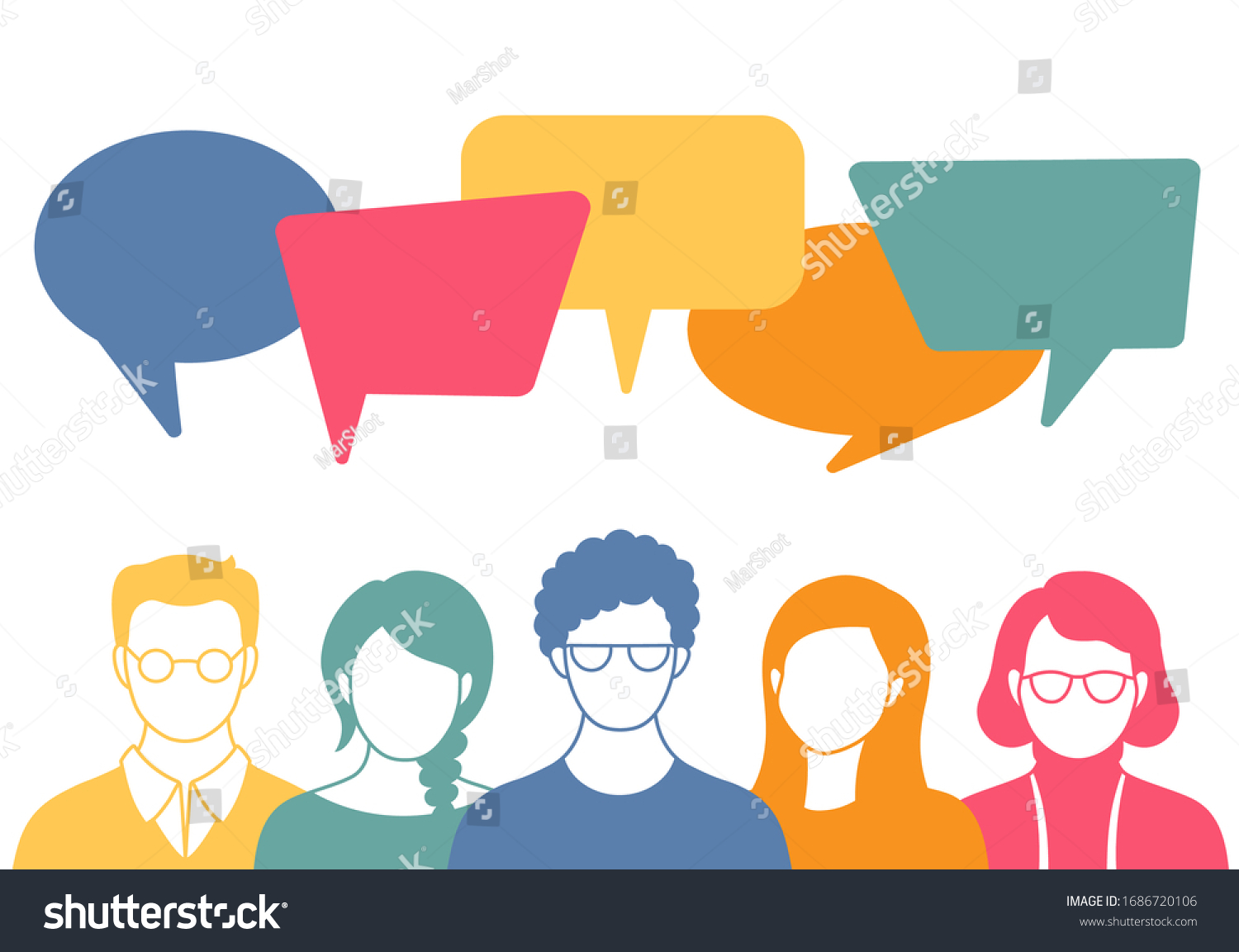 SVG of People avatars with speech bubbles. Men and woman communication, talking llustration. Coworkers, team, thinking, question, idea, brainstorm concept. svg