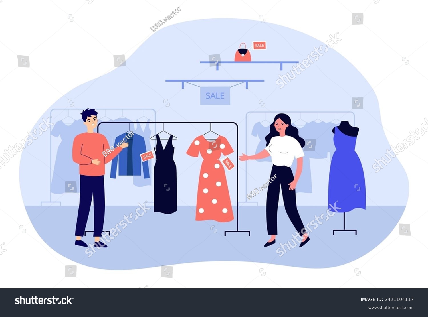 SVG of People buying less luxury and branded clothes. Unpleased man and woman looking at clothes with sale tags on hanger. Fashion, sale, shopping, decrease of consumer purchasing power concept svg