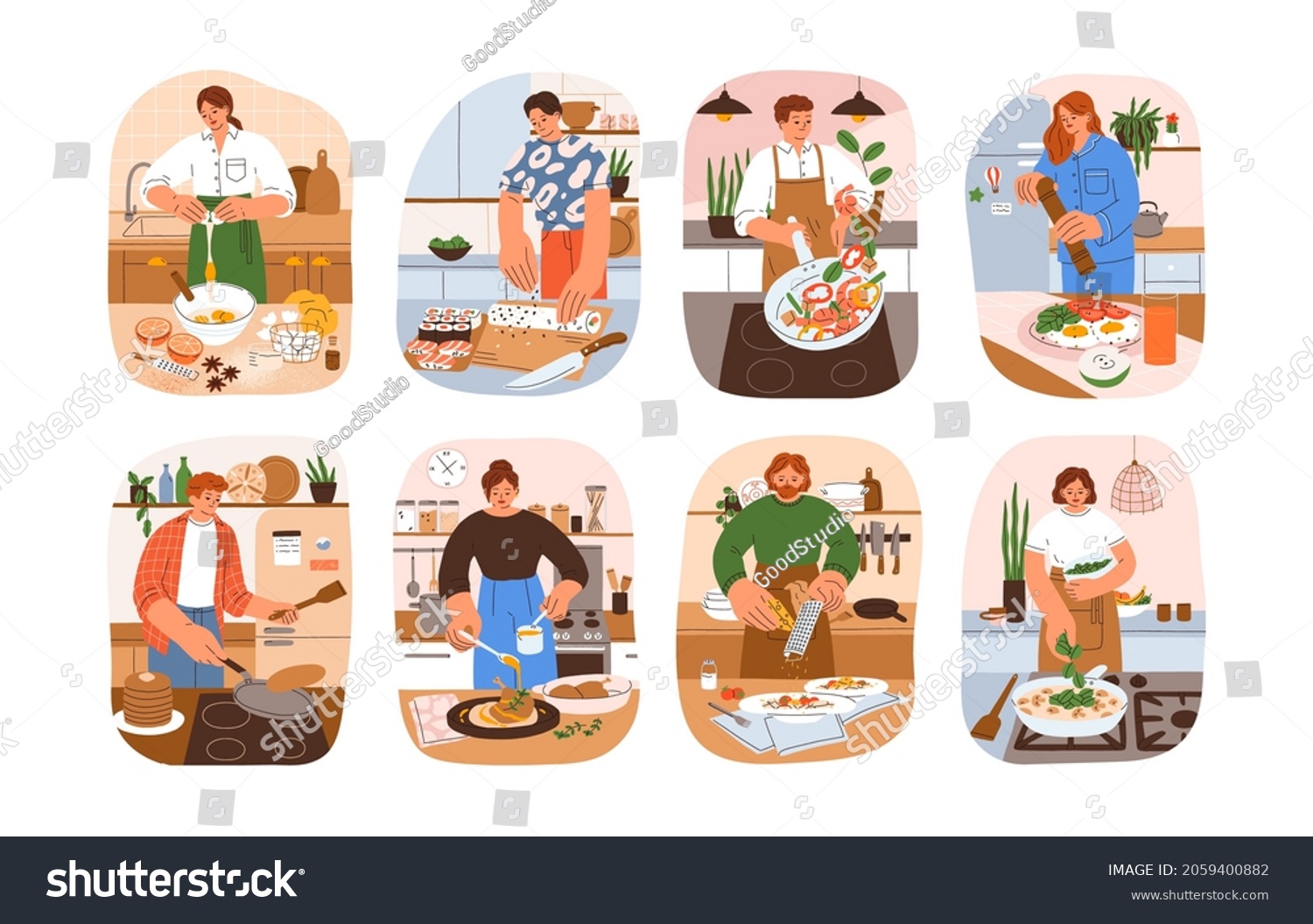 SVG of People cook food at home set. Men and women at kitchen table cooking breakfast, lunch, dinner dishes, preparing sushi, pasta, cake and turkey. Flat vector illustration isolated on white background svg