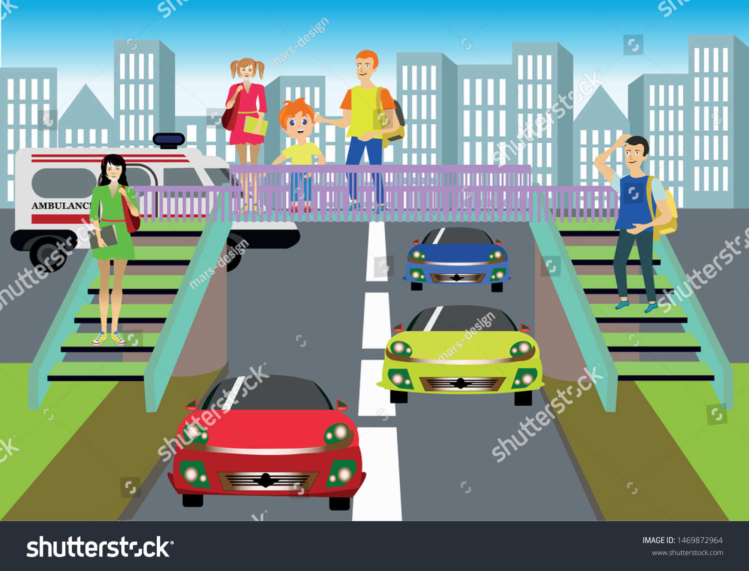 People Crossing Bridge Overpass Vector Illustration Stock Vector