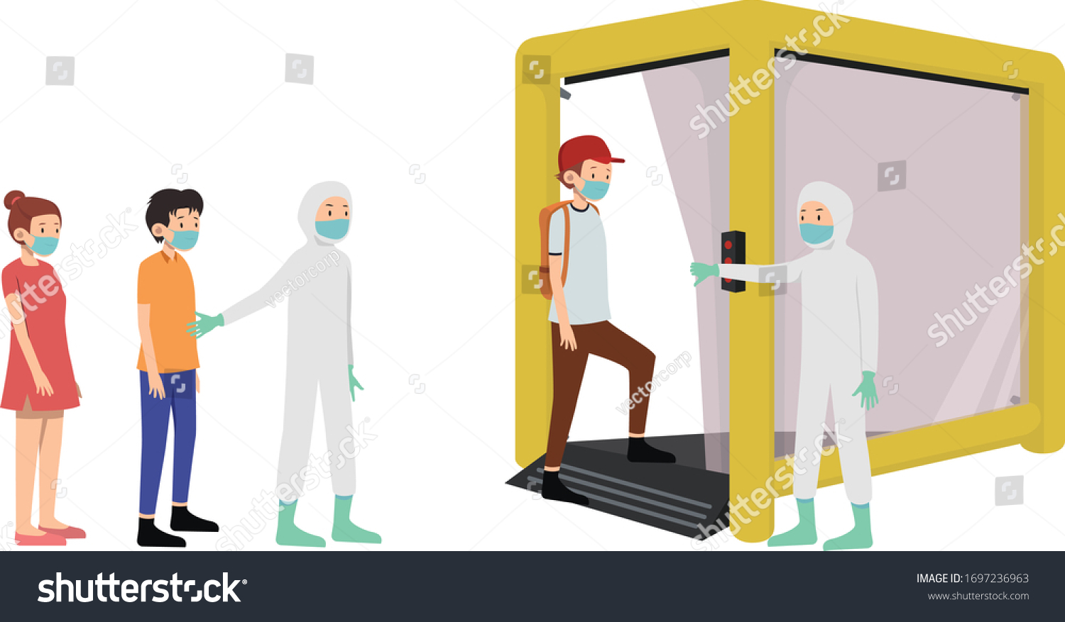 SVG of People do social distancing queue to get their body sterilized on decontamination chamber
 svg