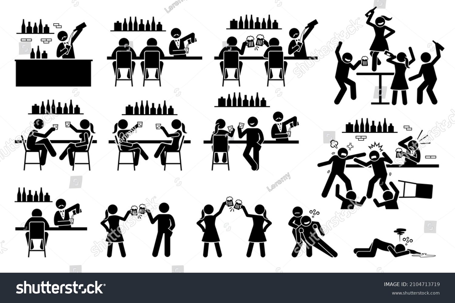 SVG of People drinking beer and wine at bar. Vector illustration stick figures of bartender, male and female friends drinking alcohol, girl dancing on table, clinking beer glass, bar fight, and drunk at bar. svg