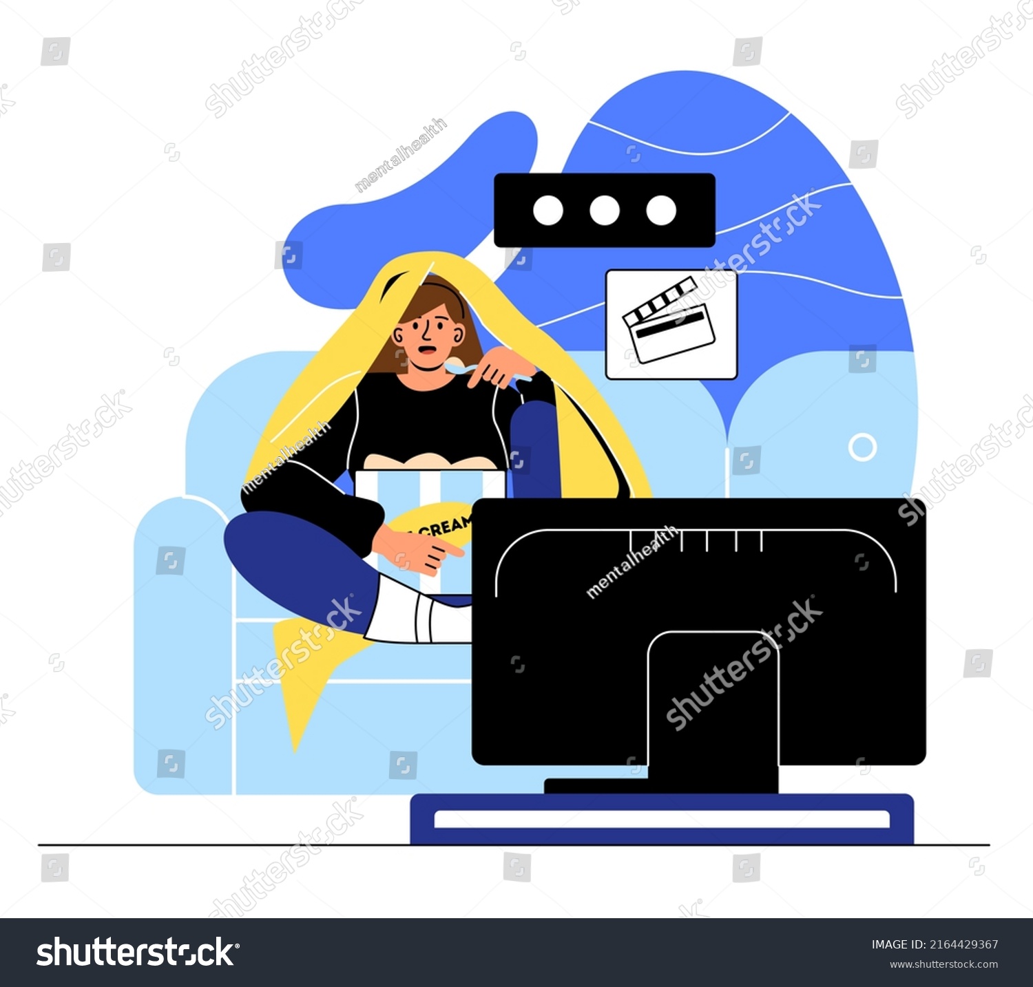 SVG of People eating food at home. Young girl watching television with ice cream and popcorn. Rest after work or study, student watching series and movies in evening. Cartoon flat vector illustration svg