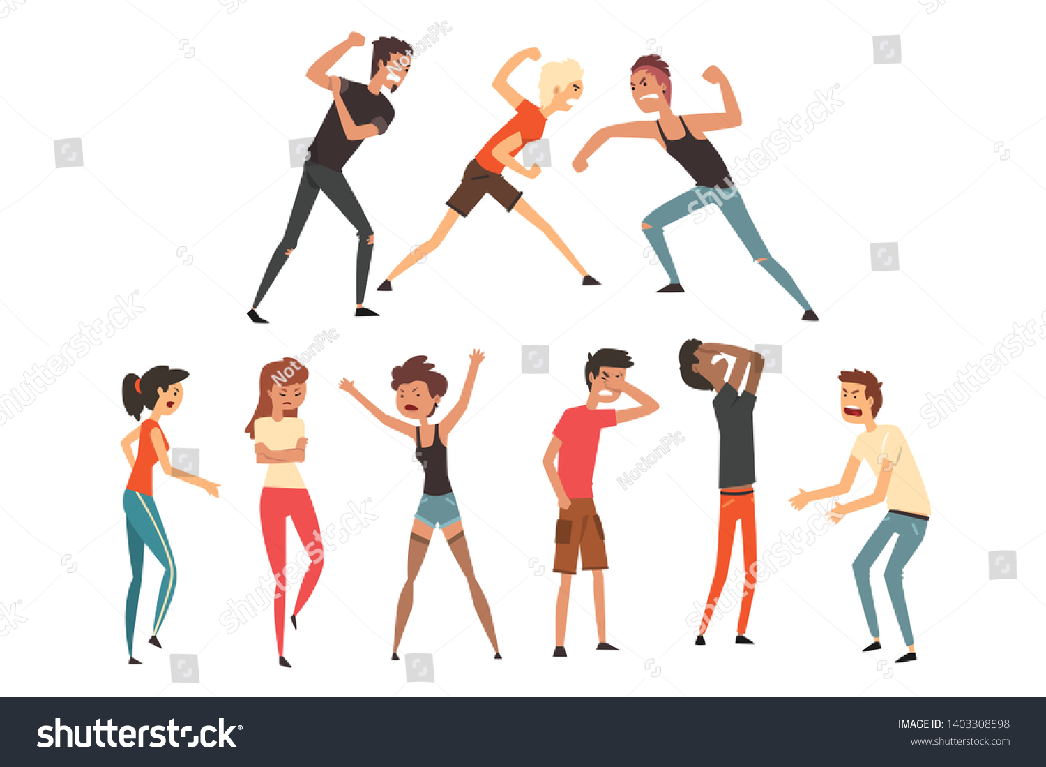 SVG of People fighting and quarreling. Aggressive and violent behavior. Negative emotions. Young guys and girls. Flat vector design svg
