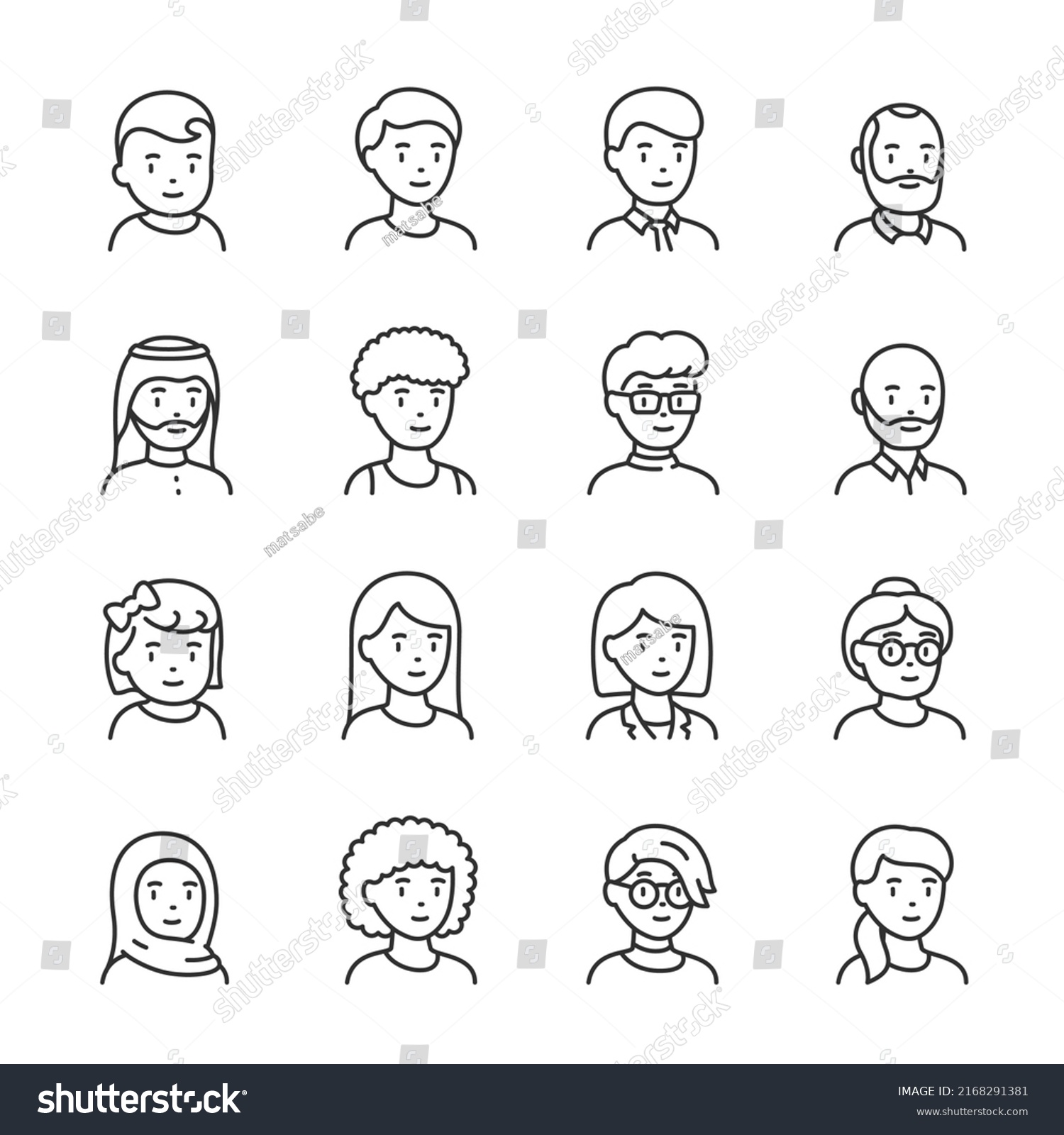 SVG of People icons set. Avatar men and women of different ages, young and old, linear icon collection. Portrait of a character with a face. Different gender and hairstyle. Line with editable stroke svg