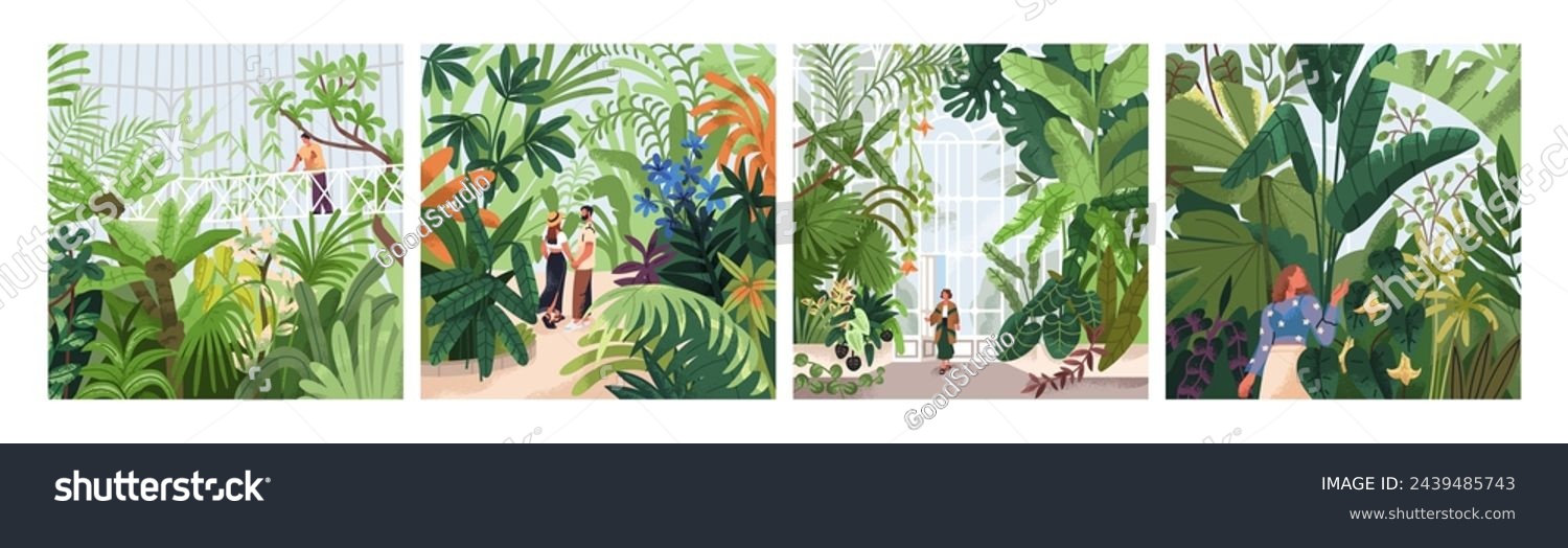 SVG of People in botanical garden, greenhouses, conservatory parks, square cards. Characters among green leaf plants, natural glasshouses, urban jungles with greenery. Flat graphic vector illustrations svg
