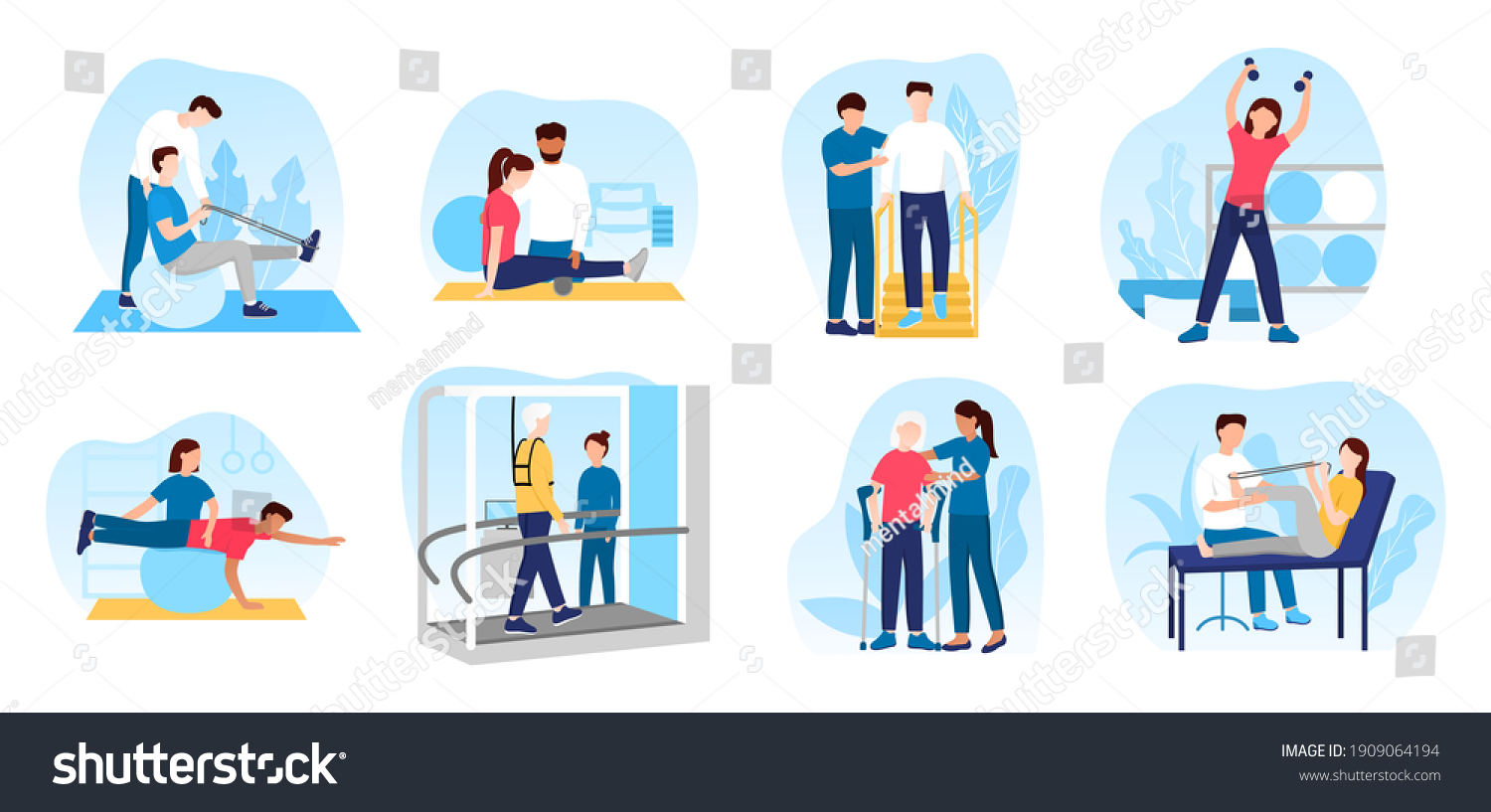 SVG of People in orthopedic therapy rehabilitation. Therapists character working with disabled patients, rehabilitating physical activity, physiotherapy. Set of flat cartoon vector illustrations svg