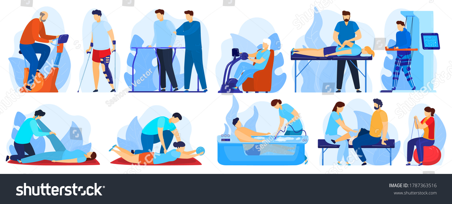 SVG of People in orthopedic therapy rehabilitation vector illustration set. Cartoon flat therapist character working with disabled patient, rehabilitating physical activity, physiotherapy isolated on white svg