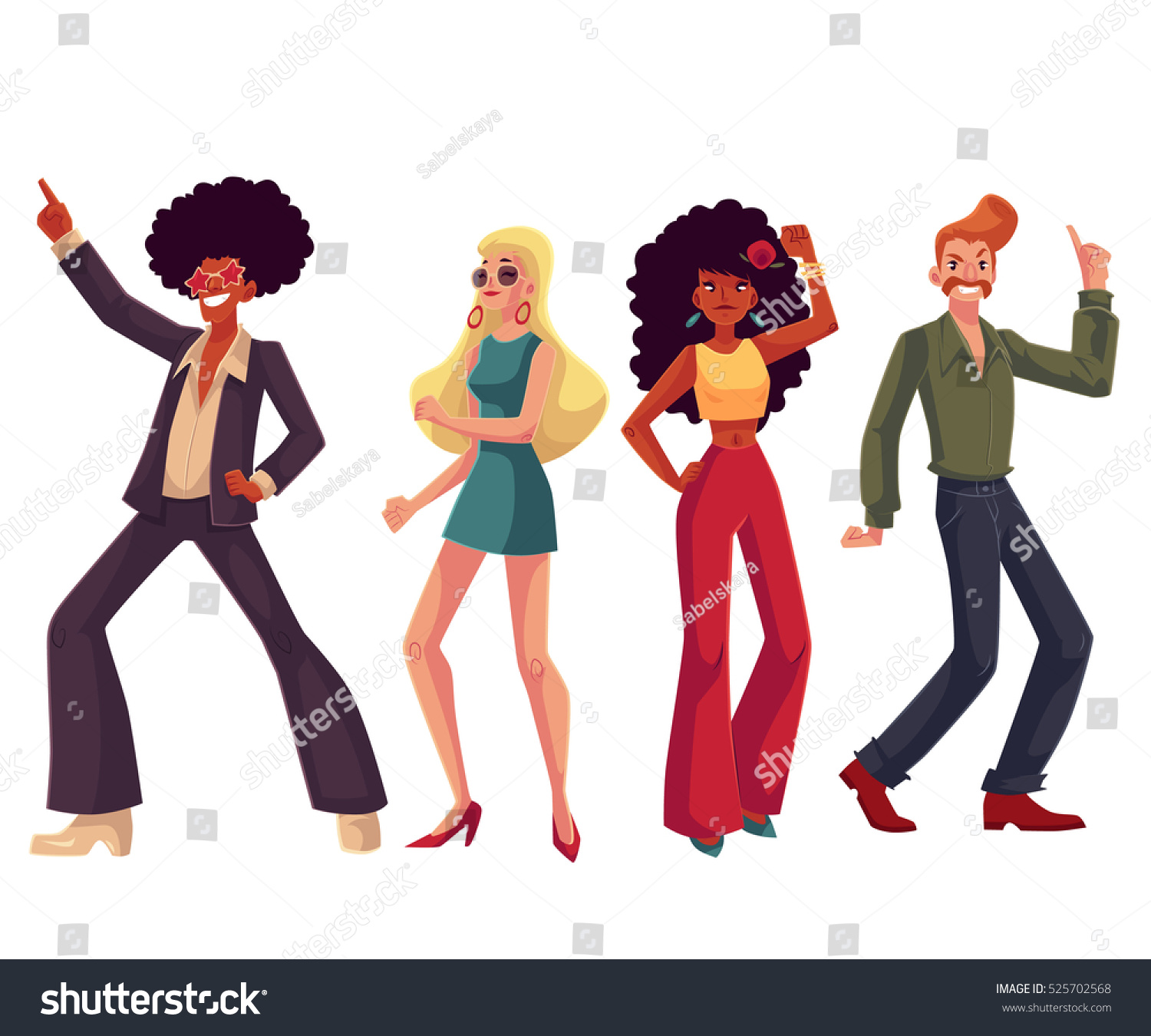 SVG of People in 1970s style clothes dancing disco, cartoon style vector illustration isolated on white background. Men and women in 60s, 70s style clothing dancing at retro disco party svg