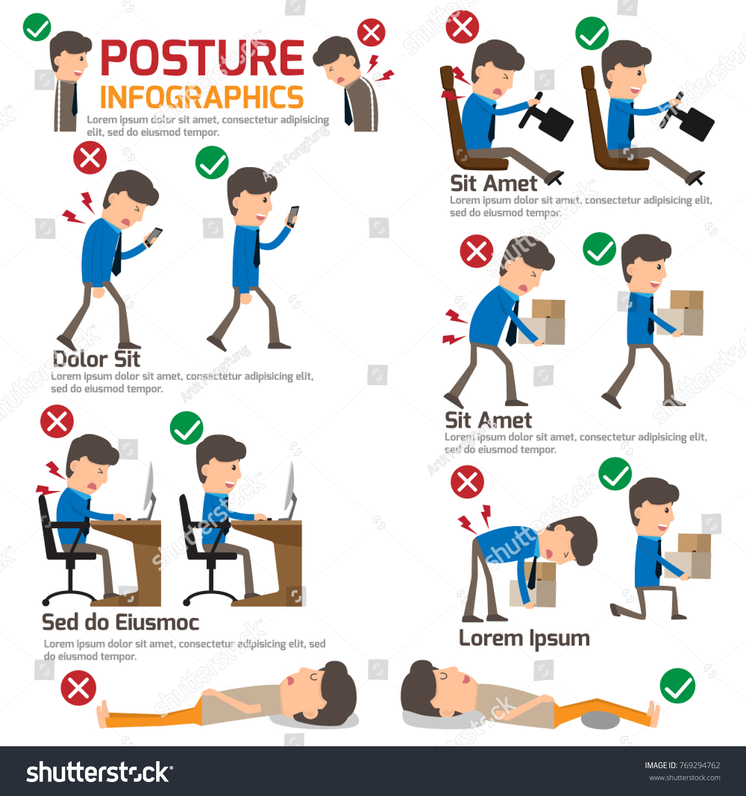 People Incorrect Posture Correct Posture Infographic Vetor Stock Livre De Direitos 769294762