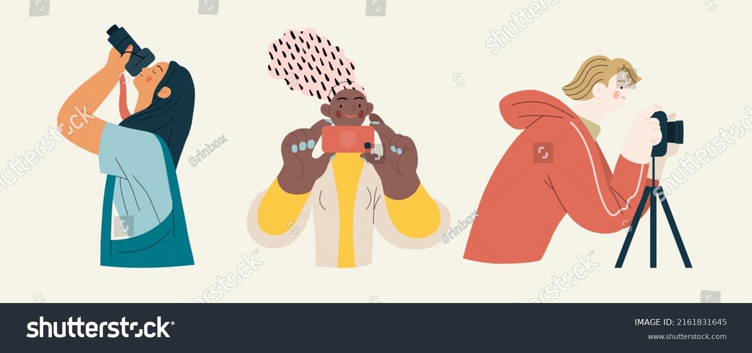 SVG of People portrait - Taking photos -Modern flat vector concept illustration of a people taking photo with a phone or camera, half-length portrait, user avatar. Creative landing web page illustartion svg
