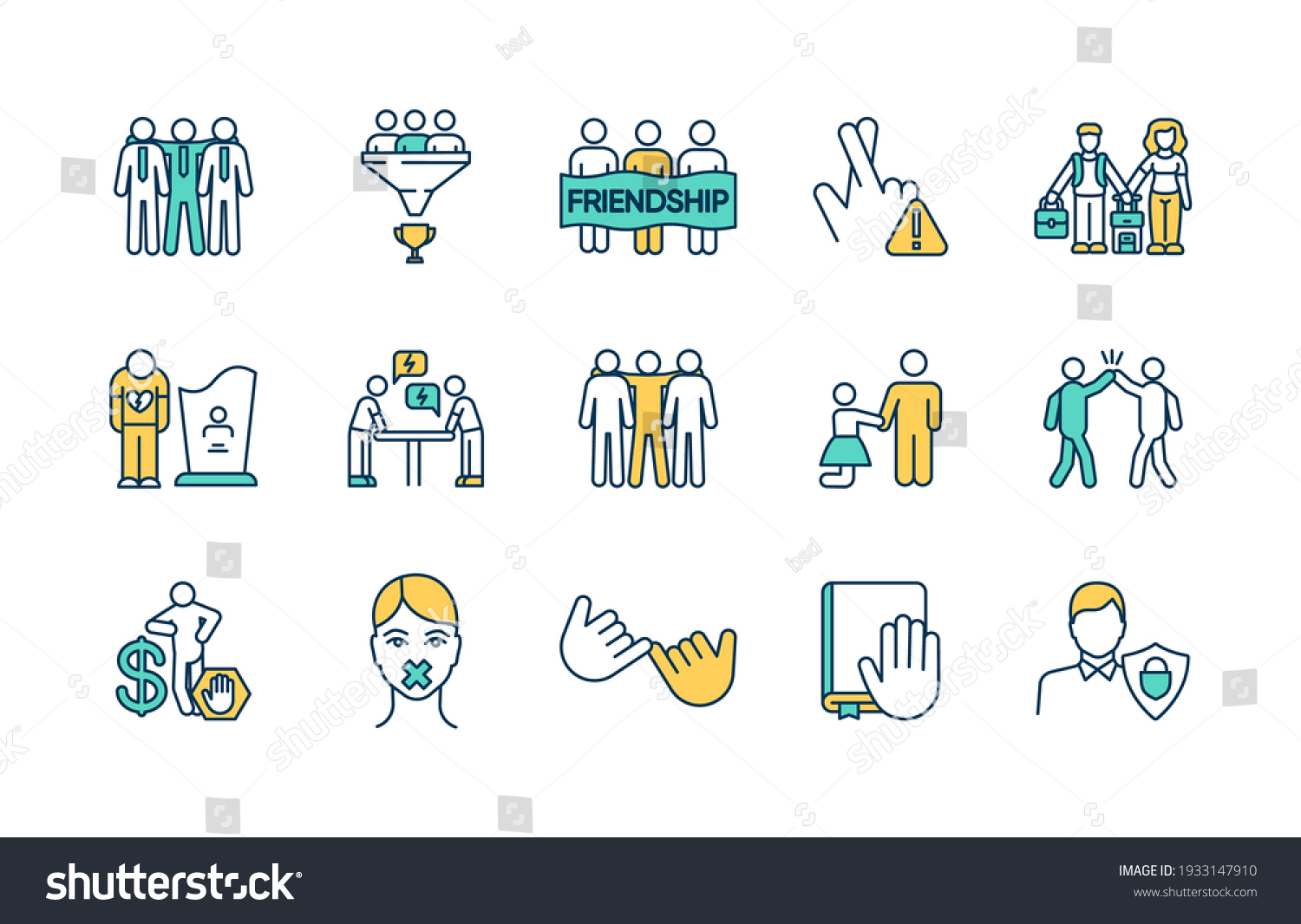 SVG of People relationships RGB color icons set. Friendly working connections. Friendship. Bereavement. Hand gesture. Gaining wealth. Reaching team goals. Keeping promises. Isolated vector illustrations svg