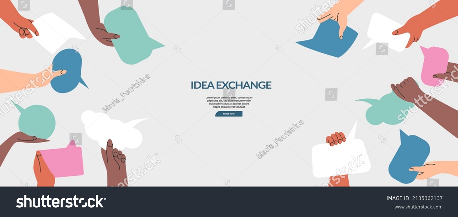 SVG of People's hands exchange ideas and holding speech bubble with vote and comment. Team cooperation and communicate banner template. Diversity multicultural group with message cartoon vector illustration  svg