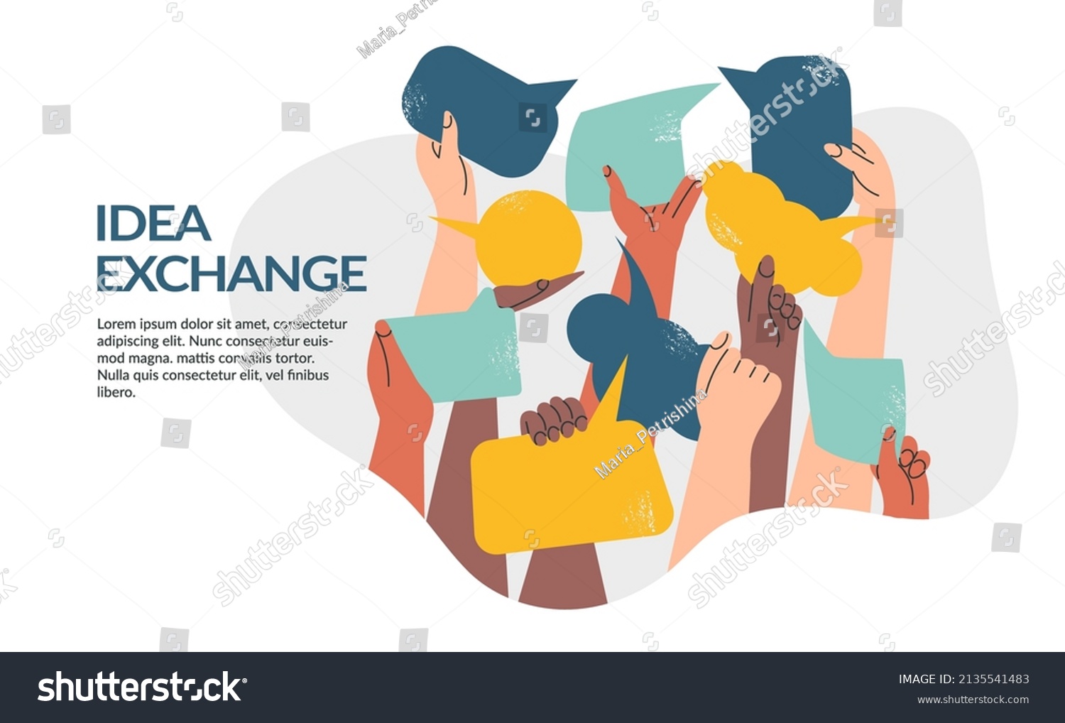 SVG of People's hands exchange ideas and holding speech bubble with vote and election. Team cooperation and communicate banner template. Diversity multicultural group with message cartoon vector illustration svg