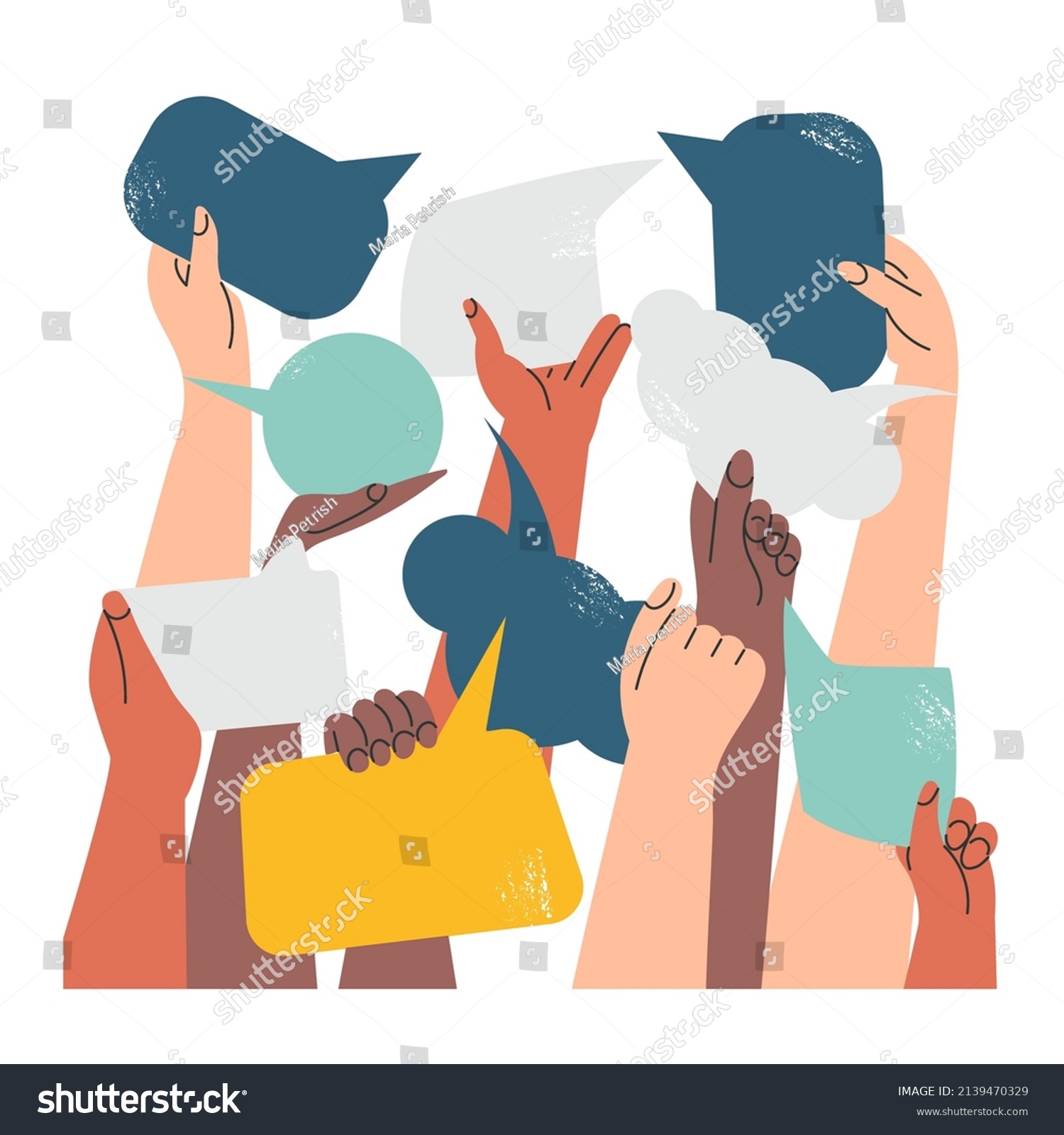 SVG of People's hands exchange ideas and holding speech bubble with vote and election. Team cooperation communicate collaborate. Diversity multicultural group with talk message cartoon vector illustration svg