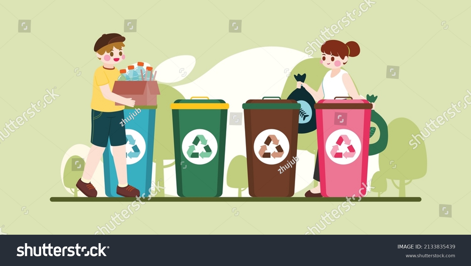 People Separate Garbage Trash Bins Waste Stock Vector (Royalty Free ...