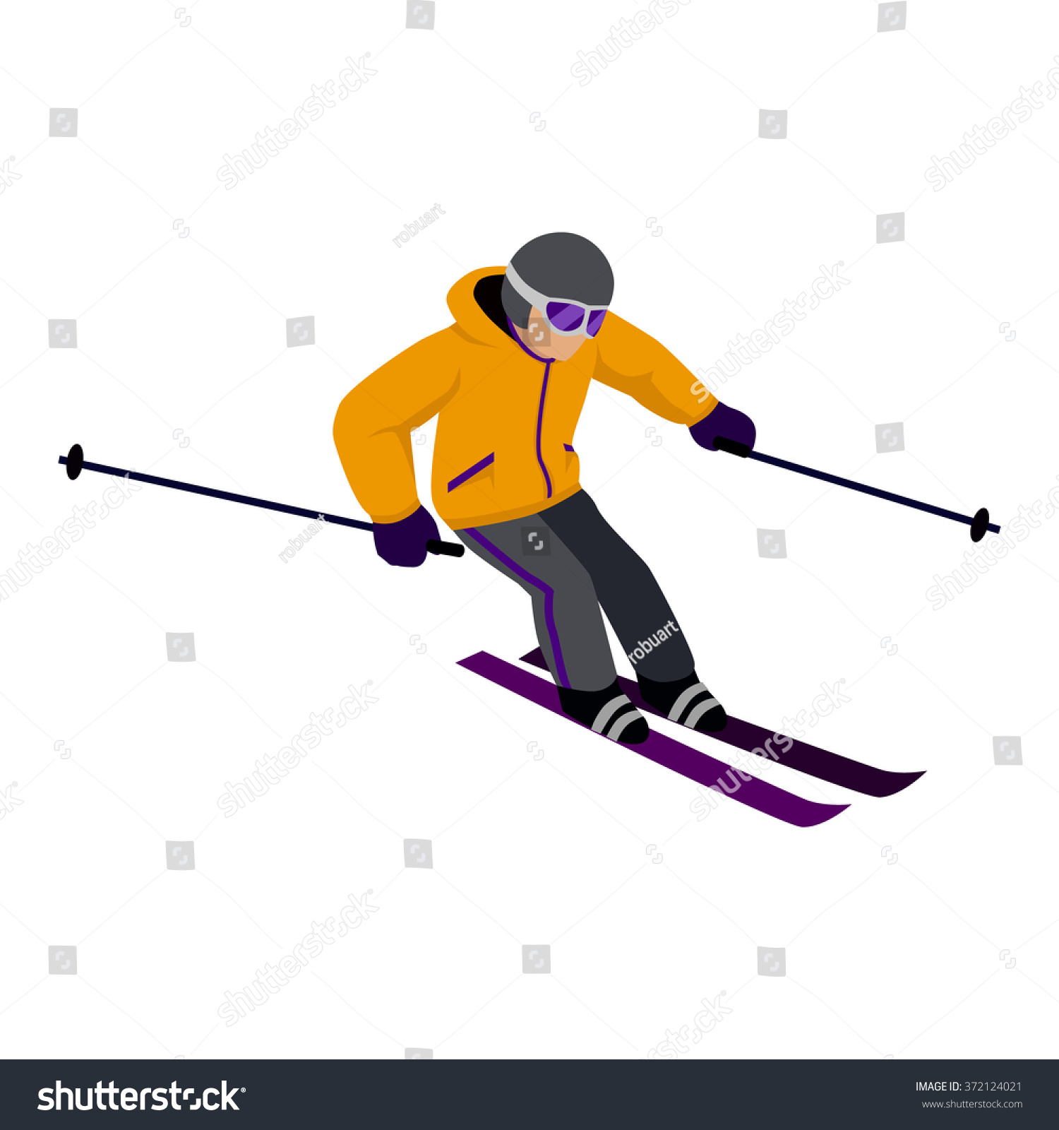 People Skiing Flat Style Design. Skis Isolated, Skier And Snow, Cross ...