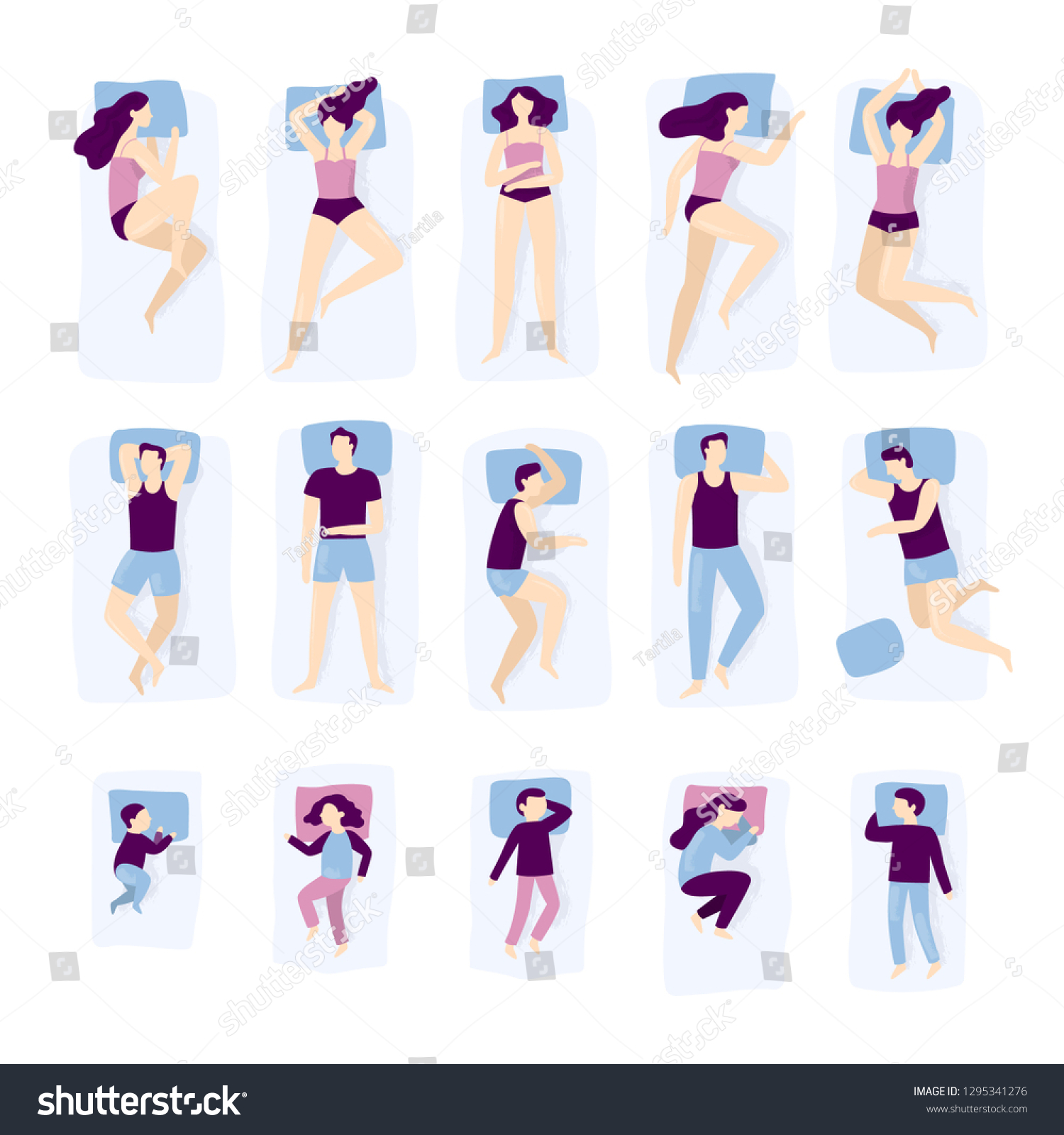 SVG of People sleeping poses. Adult and child sleep pose. Man on pillow, woman and young kids sleeping in bed. Sleep position, person bedding dreaming. Isolated vector illustration icons set svg
