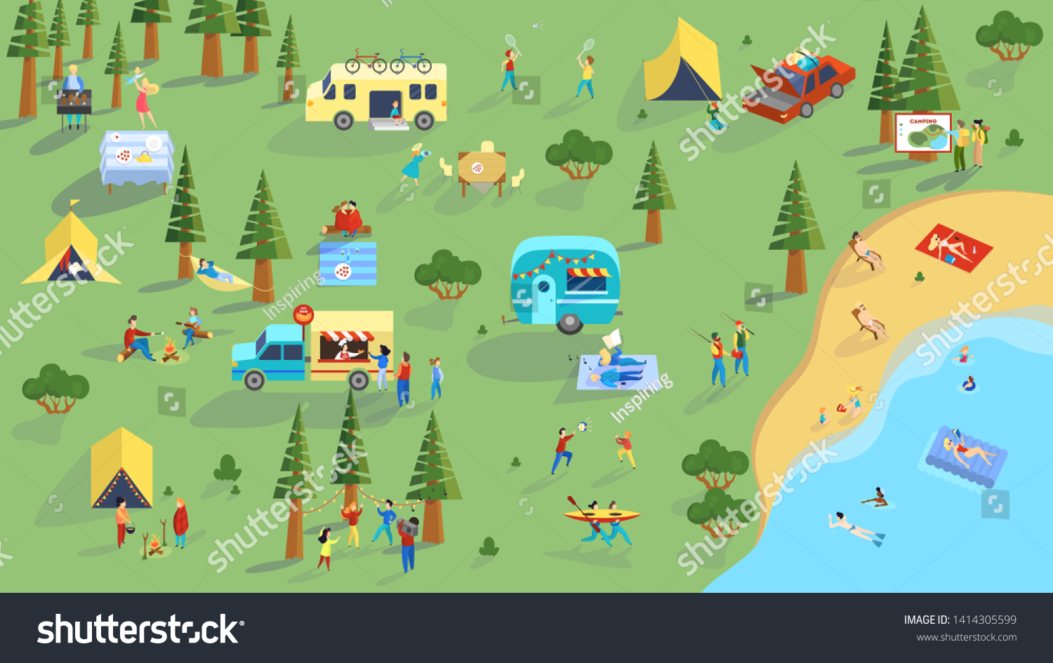 People Spend Time Outdoor On Picnic Stock Vector (Royalty Free ...