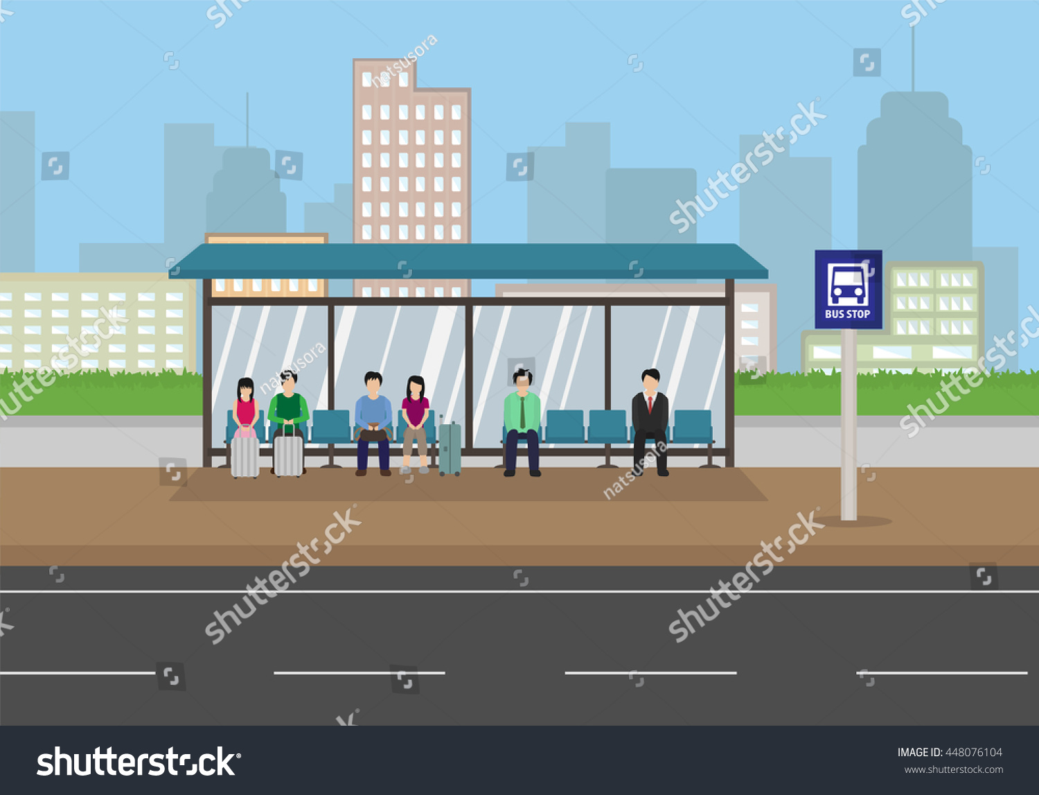 People Waiting At A Bus Stop In The City , Cartoon Style Vector ...