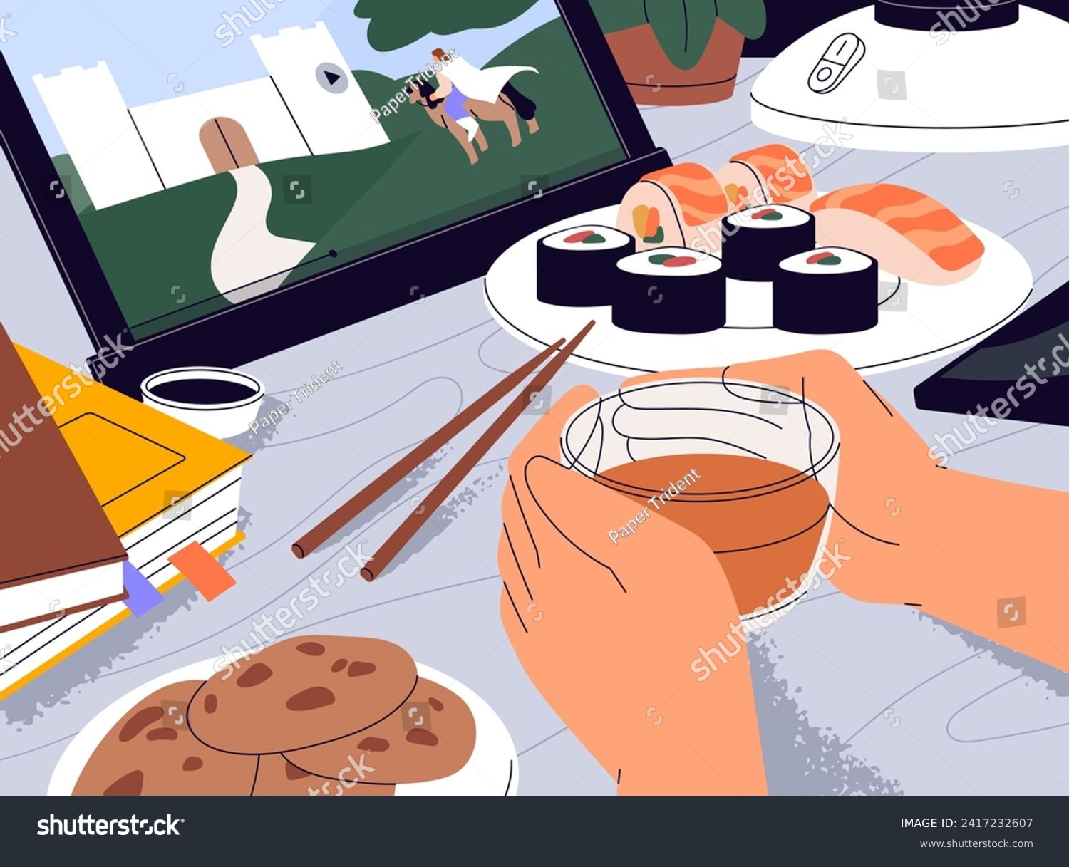 SVG of People watch videos, movie by tablet. Character holds cup in hands, drinks tea. Person eating sushi, fish rolls on the table. Lunch break during work. Cozy student workplace. Flat vector illustration svg