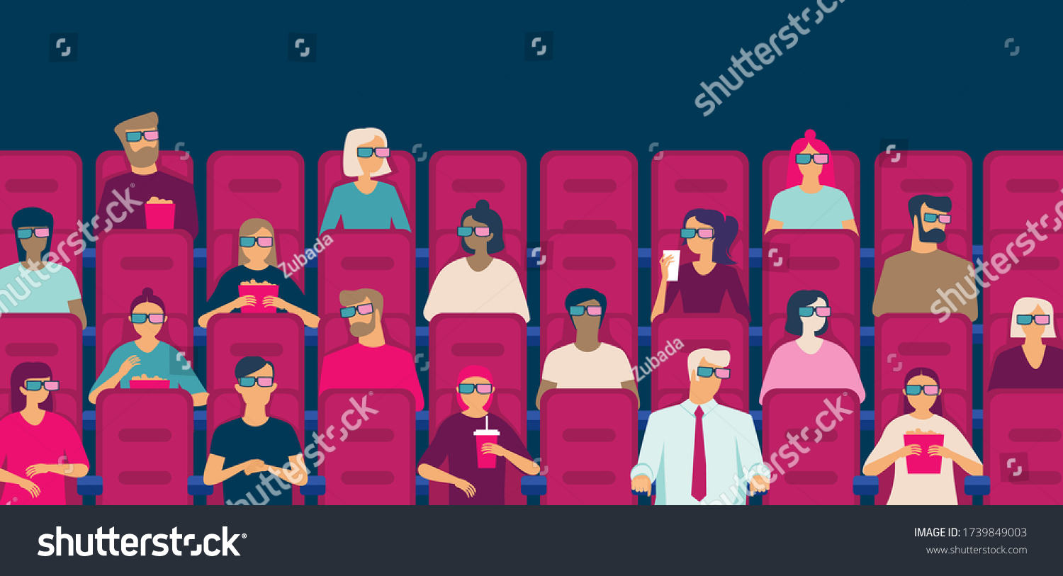 SVG of People watching movie in cinema hall eating popcorn wearing  3D glasses.Social distancing concept in public places after covid-19 coronavirus pandemic. Flat vector illustration svg