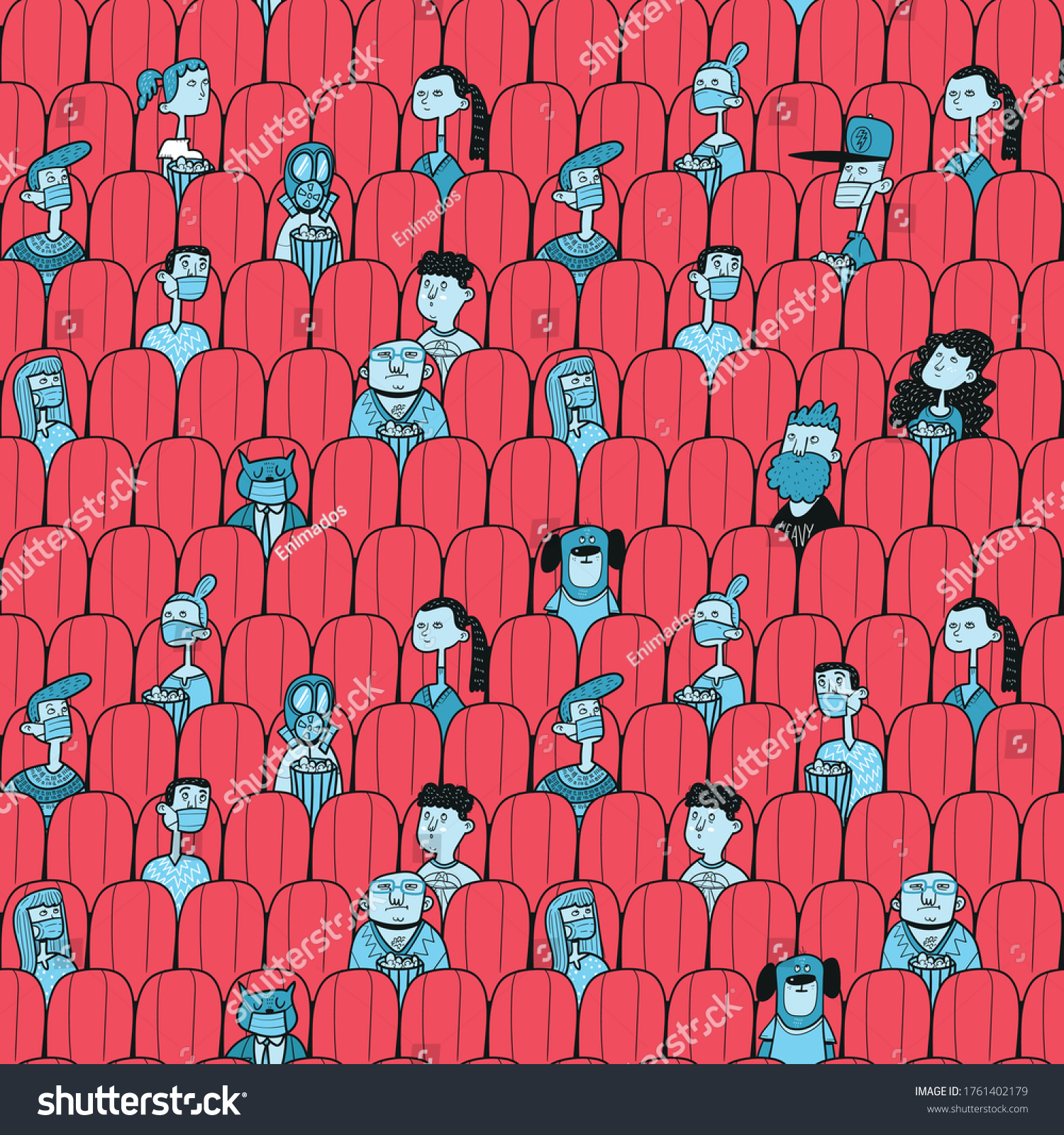 SVG of People watching movie in cinema hall.Social distancing after covid-19 svg