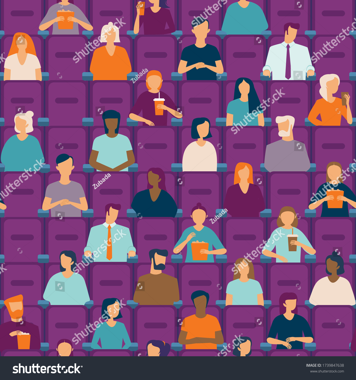 SVG of People watching movie in cinema hall.Social distancing concept in public places after covid-19 coronavirus pandemic. Flat vector seamless pattern. svg