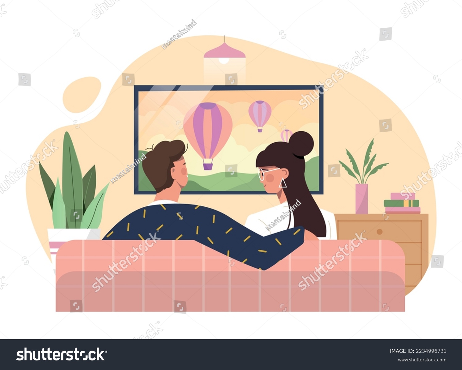 SVG of People watching TV. Man and woman sit on couch and look at screen. Young couple resting after work or study. Characters watching movies and series in evening. Cartoon flat vector illustration svg