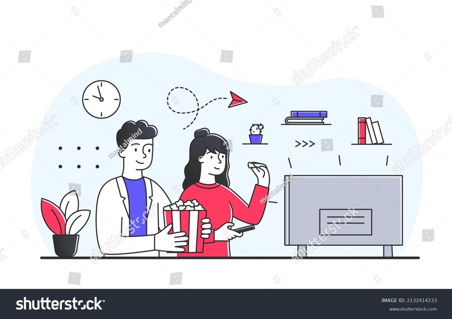 SVG of People watching tv news. Man and girl with food sitting in front of monitor. Characters in apartment resting after work in evening, husband and wife at room. Cartoon flat vector illustration svg